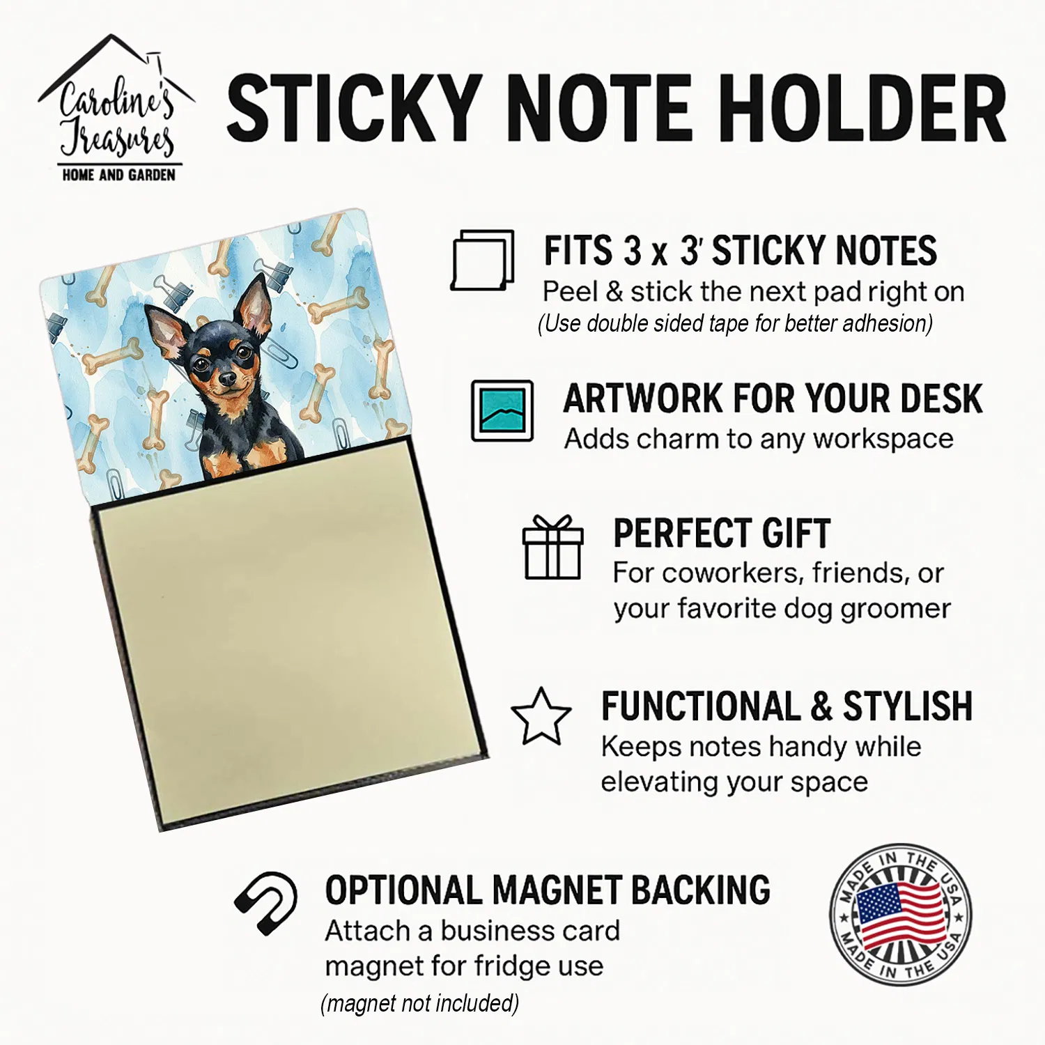 Black and Tan Russian Toy Coworker Watercolor Sticky Note Holder Refillable Dispenser Desk Accessory 3x3 Pad Gift photo 3
