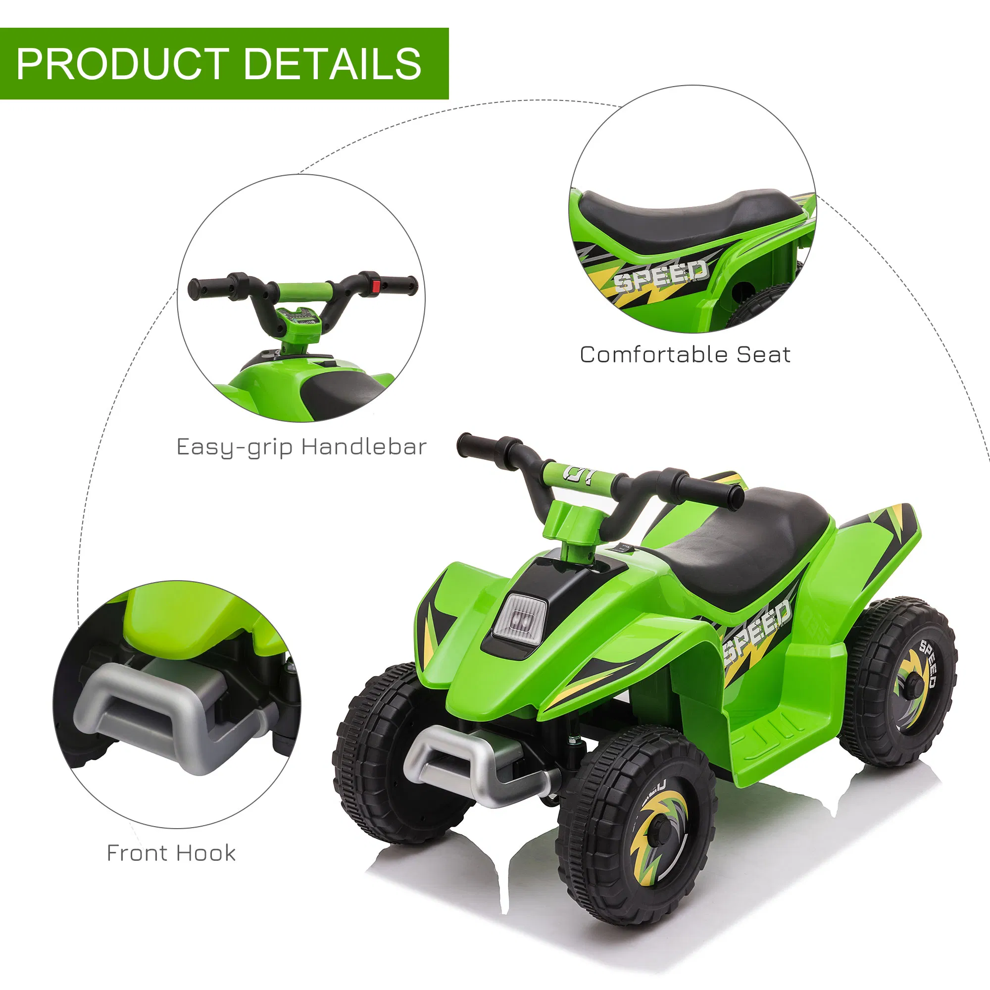 Kids Ride on ATV, 6V Battery Powered Quad Car with Forward, Reverse Switch, for Boys Girls 18-36 Months, Green photo 3