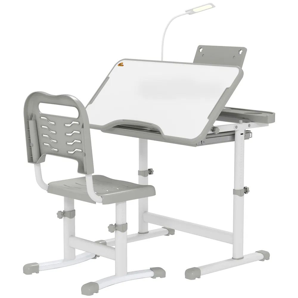 Kids Desk and Chair Set Height Adjustable Student Writing Desk Children School Study Table with Tilt Desktop, Grey photo 7
