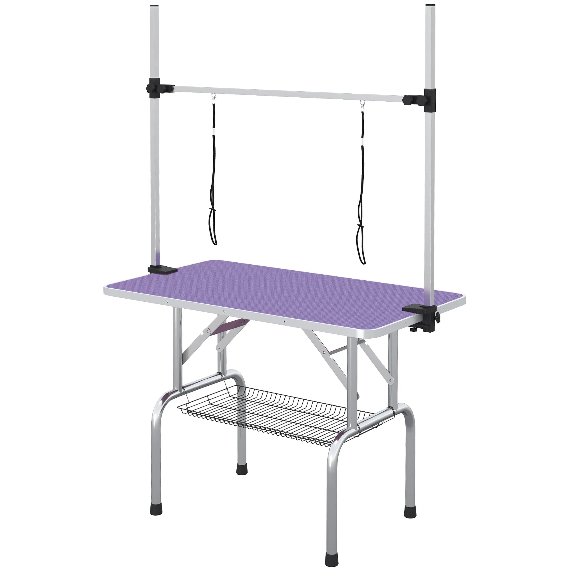 Adjustable Dog Grooming Table with 2 Safety Slings, Storage Basket, Purple photo 1
