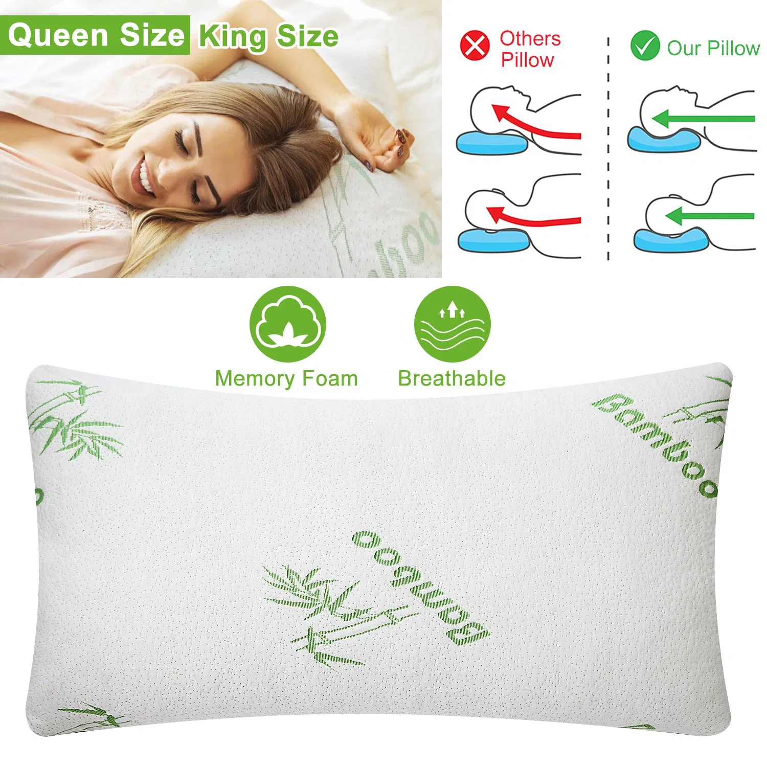 Bamboo Memory Foam Pillow Hypoallergenic Bed Pillow For Head Neck Rest Sleeping Shredded Pillow With Washable Cover [Queen Size] photo 1