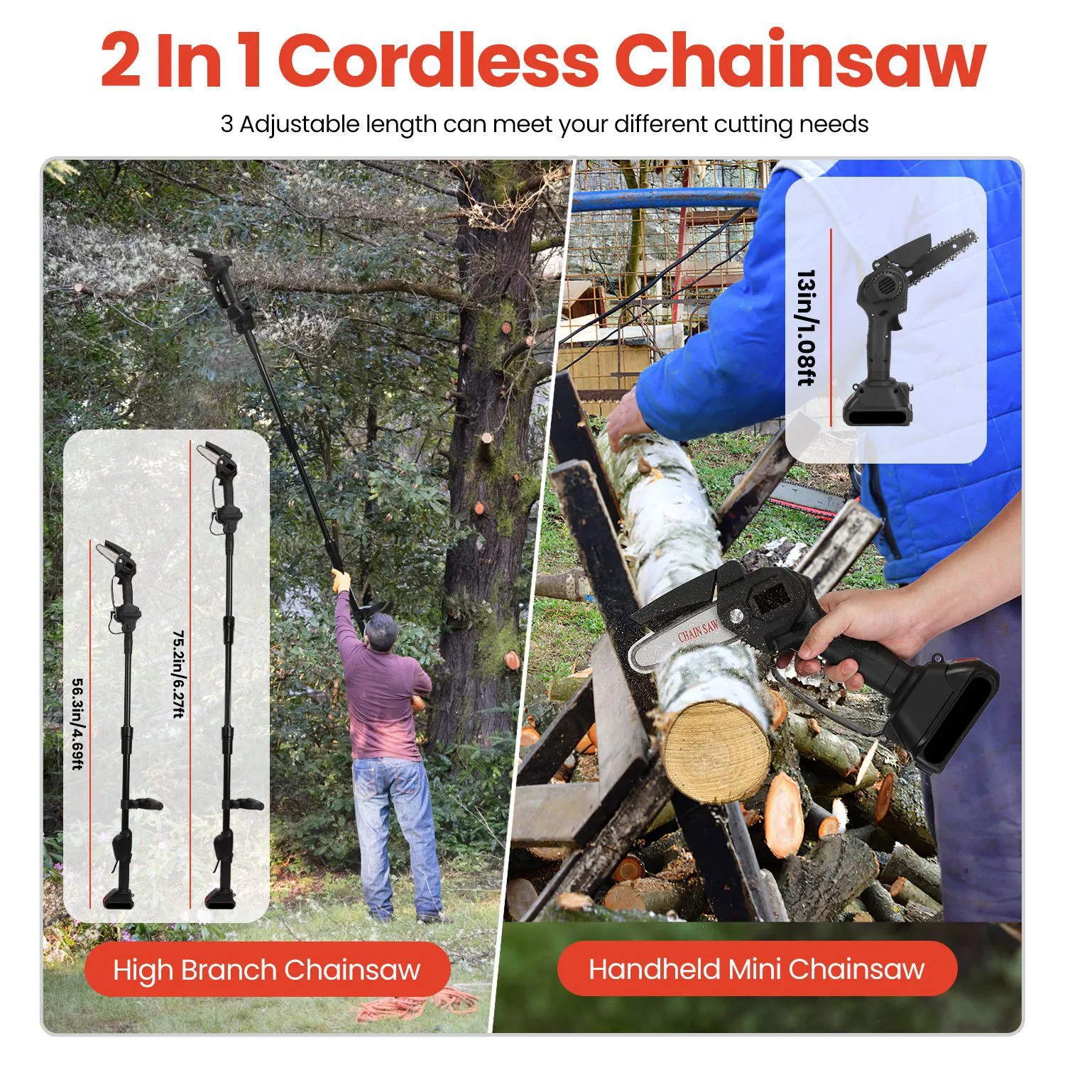 Cordless 3-in-1 Pole Saw/Mini Chainsaw/Grass Trimmer - 21V 1500mAh x2 Batteries, 4/6in Cutting Chain, 13in-75.2in Adjustable Length, Safety Switch + Gloves/Goggle for Yard Maintenance photo 5