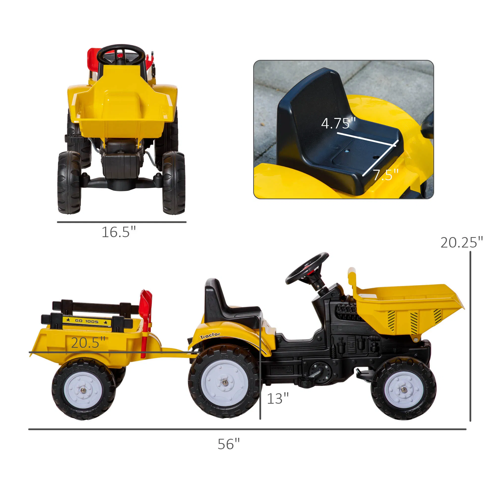 Ride on Toy Dump Truck for Kids, Pedal Construction Car with Detachable Trailer for 3 Year Old, Yellow photo 5