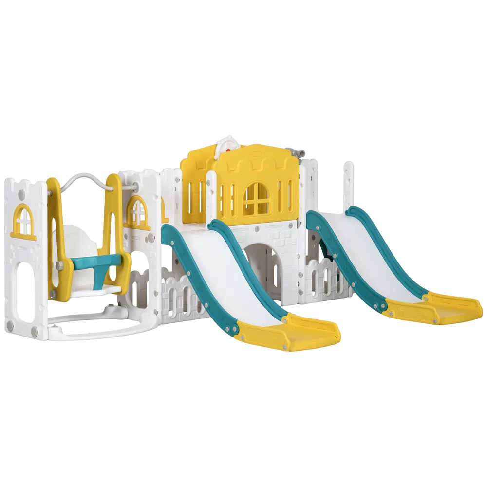 8 in 1 Slide and Swing Set, Baby Swing Set with Basketball Hoop, Climber, Steering Wheel, for Aged 1-3 Years, Yellow photo 7