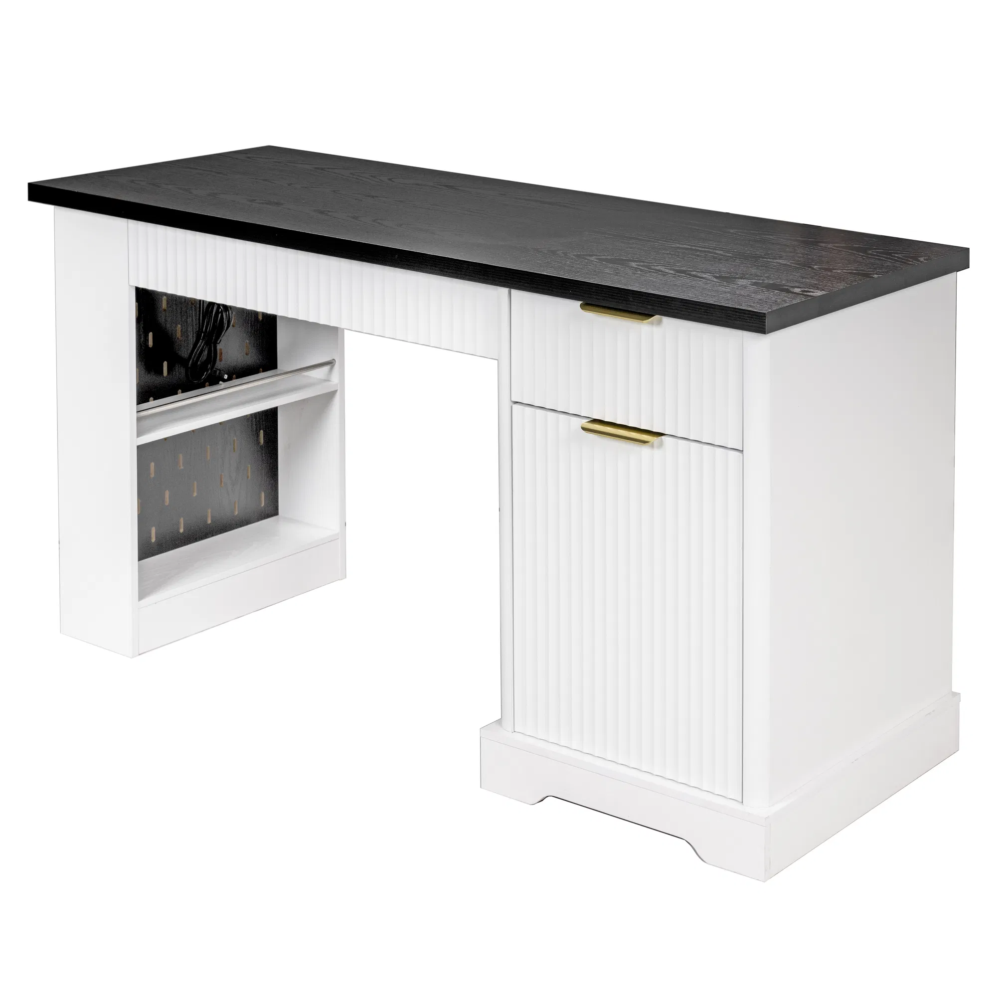 55" Modern Fluted Office Desk with Storage Cabinet & Drawers, Computer Writing Desk with Power Outlet, Pegboard, Built-in Shelves and Keyboard Tray for Study, Living Room, Home Office, White photo 1