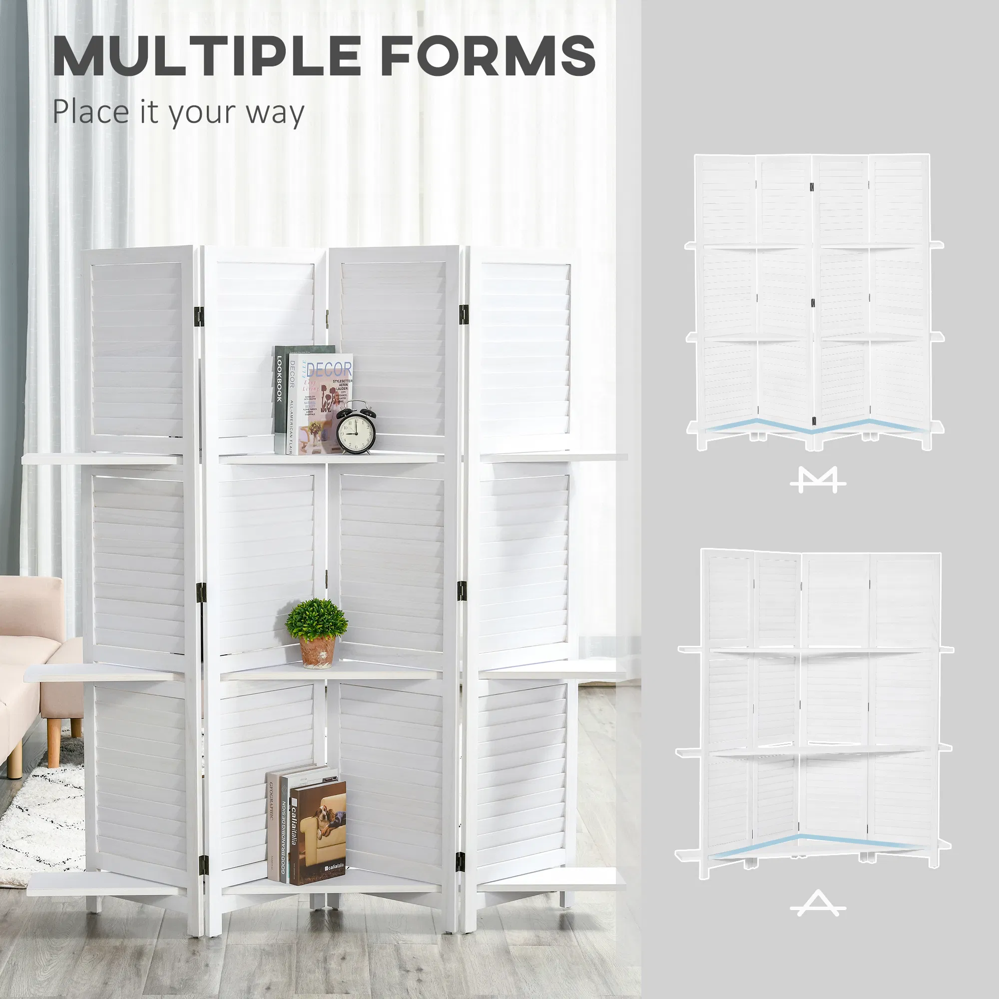 4-Panel Wall Partition Room Separator with 3 Storage Shelves Foldable Design Wooden Frame 5.6FT White photo 6