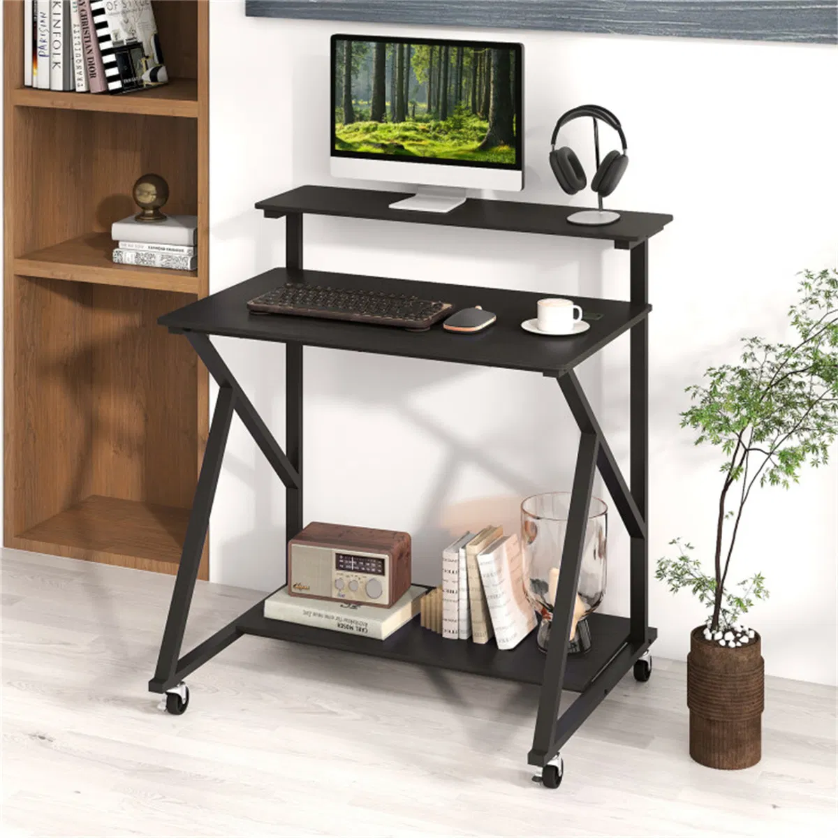 Black Rolling Computer Desk with Power Strip 32" Mobile Office Desk with Monitor Stand photo 1