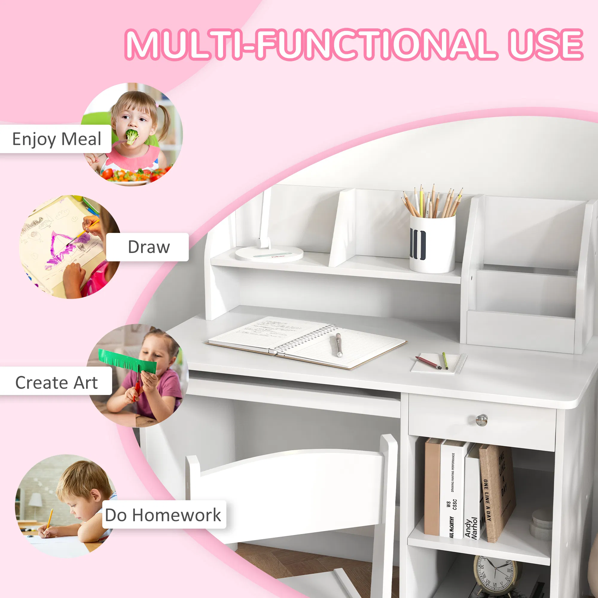 Kids Desk and Chair Set for 5-8 Year Old with Storage, Study Table and Chair for Children, White photo 4