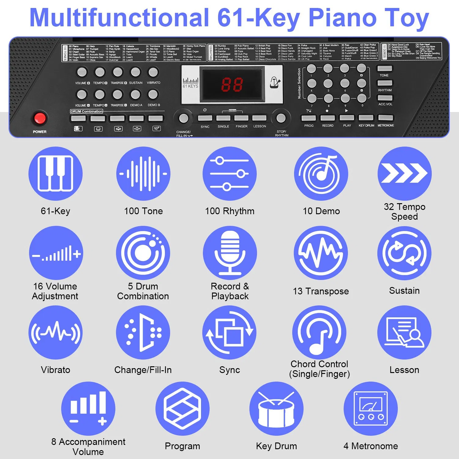 61-Key Multifunctional Piano Toy, 100 Tones & Rhythms with Microphone, Recording Function & Sheet Music Stand, Educational Keyboard for Kids Beginners photo 2