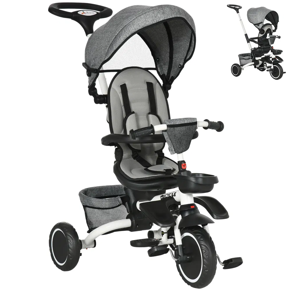 6-in-1 Toddler Tricycle for 12-50 Months, Foldable Kids Trike with Adjustable Seat and Push Handle, Safety Harness, Removable Canopy, Footrest, Grey photo 7