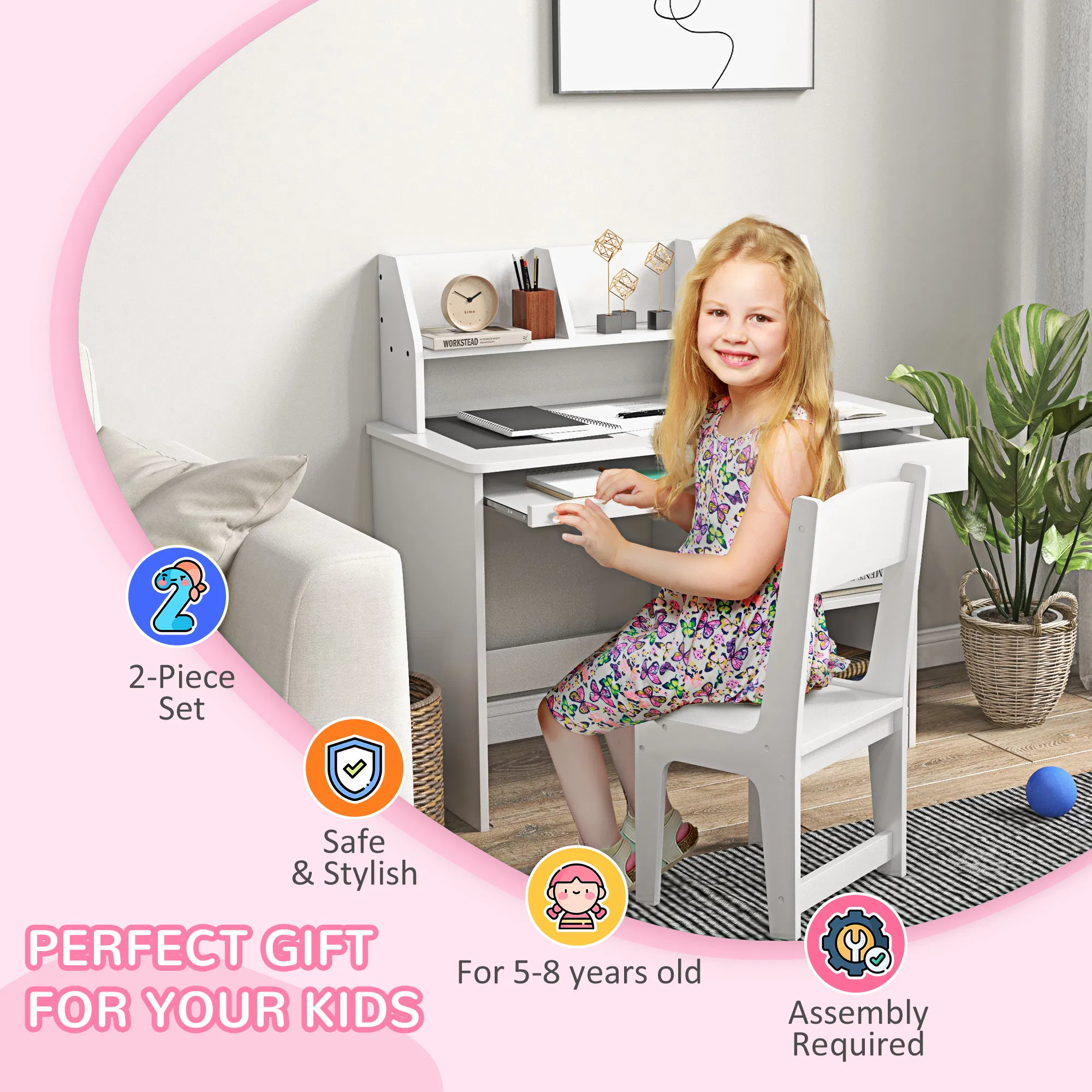 Kids Desk and Chair Set for 5-8 Year Old with Storage, Study Table and Chair for Children, White photo 2