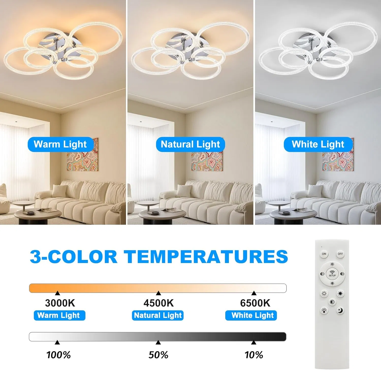 Modern LED, Flush Mount Ceiling Light with Dimmable Remote Control, 6Rings Acrylic Fixture for Bedroom, Living Room, Kitchen, Office Lamps (6 Heads)[Unable ship weekends, TK/TEMU only for pickup] photo 3
