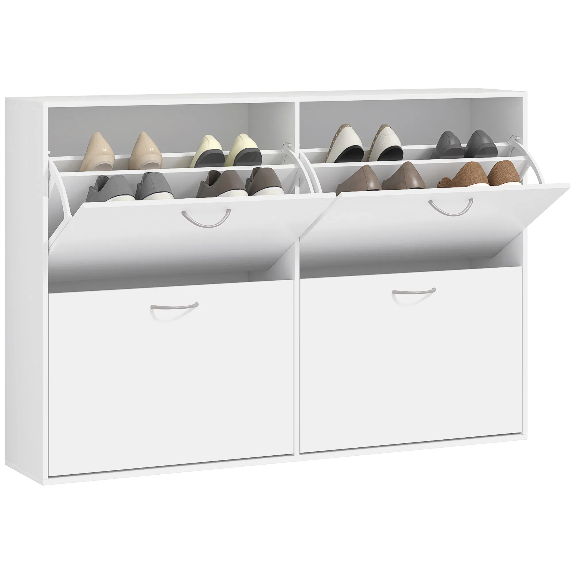 Flip Down Shoe Rack, Multi Cabinet, Wooden Shoe Shelf, Entryway, 4 Drawer Organizer, Freestanding Unit, White photo 1