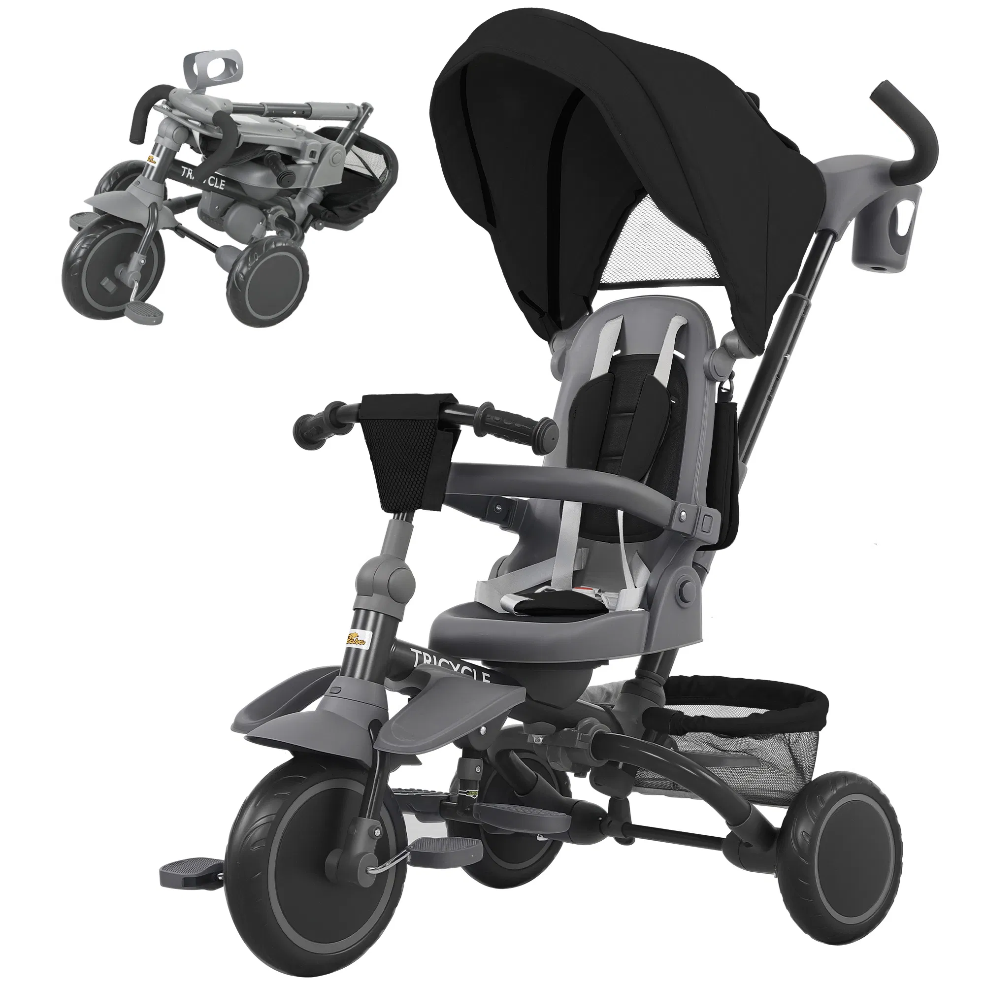 6 in 1 Toddler Tricycle for 1-5 Years Old with Push Handle, Removable Canopy, Rotatable Seat, Black photo 1