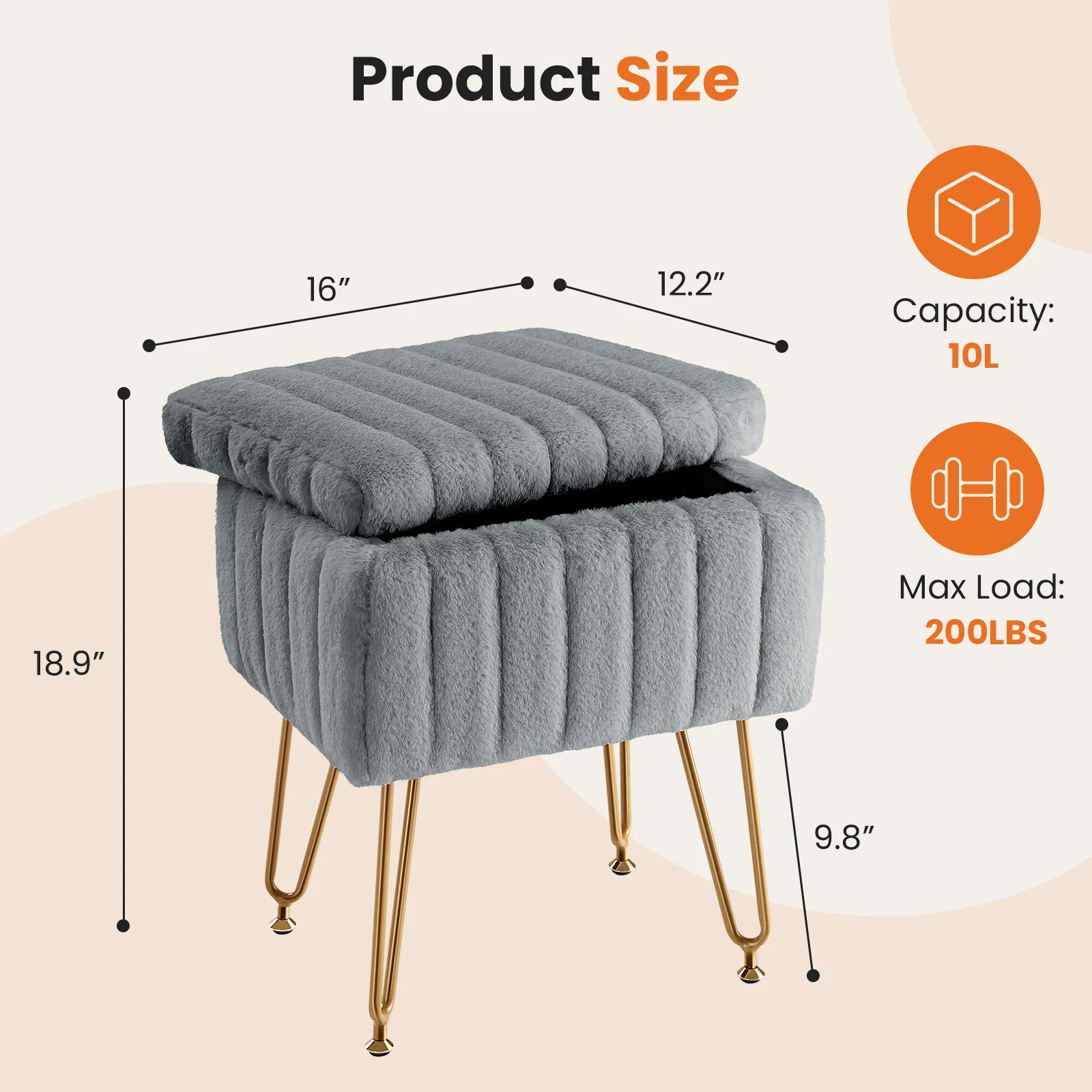 Vanity Stool Chair with Storage, Ottoman Faux Fur Soft Padded Makeup Footstools Seat with 4 Metal Legs Anti-Slip Adjustable Feet Modern photo 3