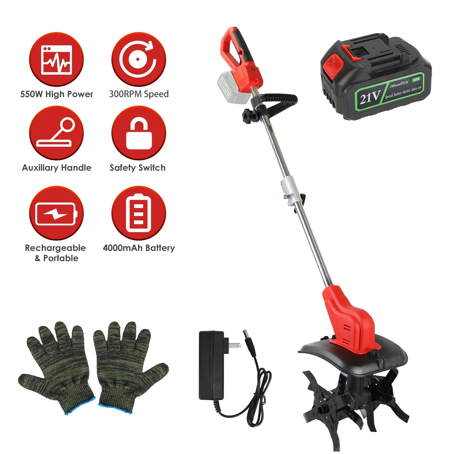 Portable Cordless Electric Tiller - 550W 300RPM Power, 16 Steel Tines, 4000mAh Battery , Safety Protection + Auxiliary Handle, Ideal for Lawn/Soil Preparation/Gardening photo 1