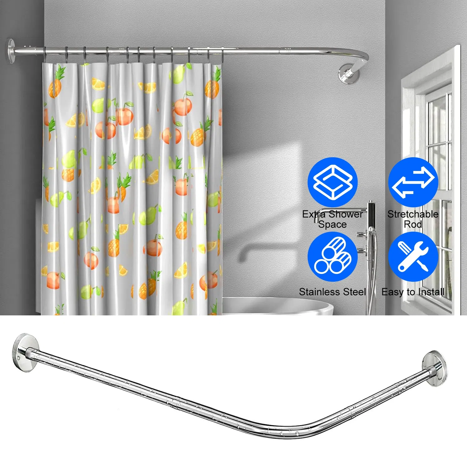 Adjustable L - Shaped Curved Shower Rod, Premium Stainless Steel Rust - Resistant Shower Curtain Rod, Expandable Rod with Extra Shower Space for Bathtub & Shower Stall photo 1