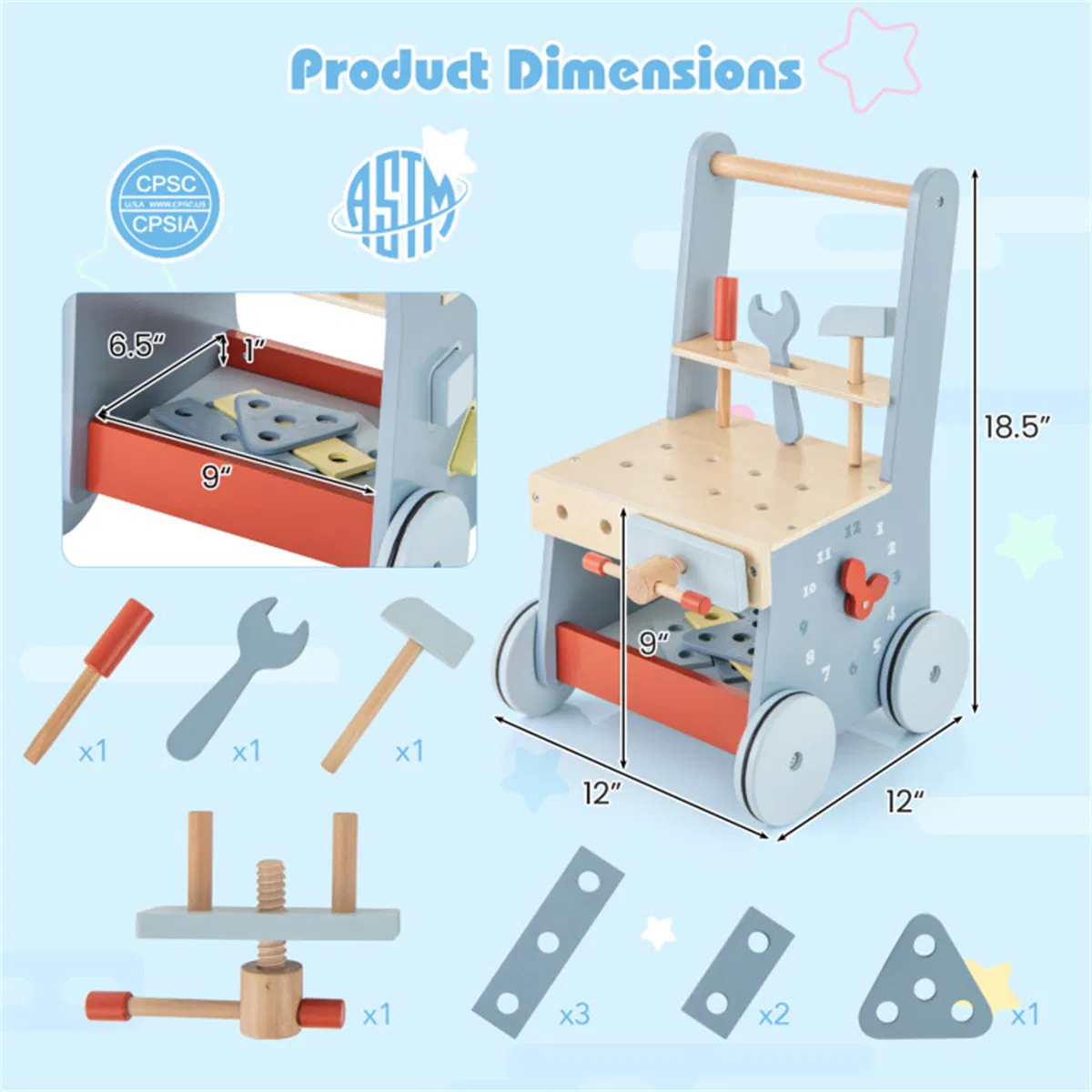 Wooden Baby Walker with Multi-Activity Center photo 6