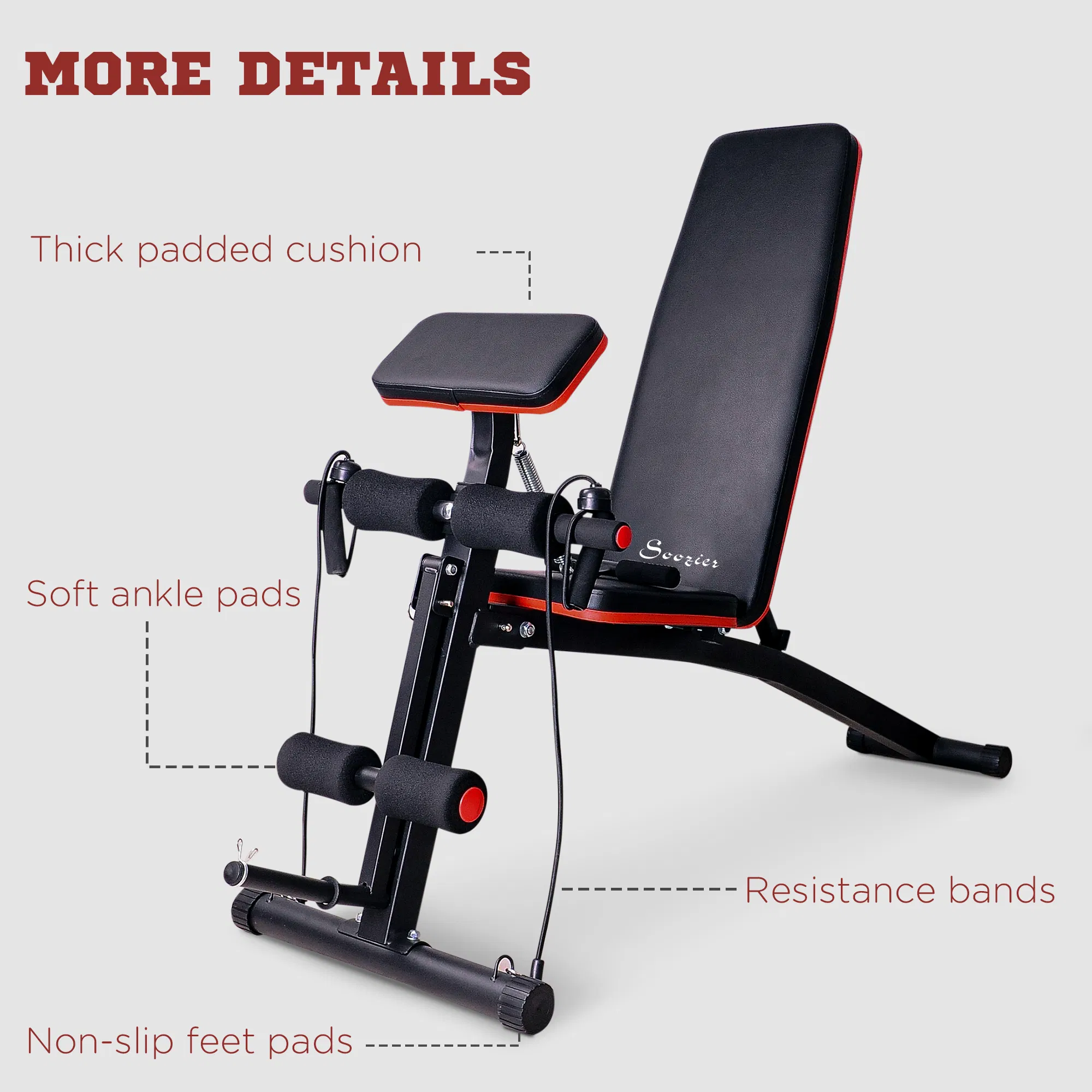 Foldable Press Bench Adjustable Dumbbell, Weight Training Bench Exercises Gym Chair, Black & Red photo 2