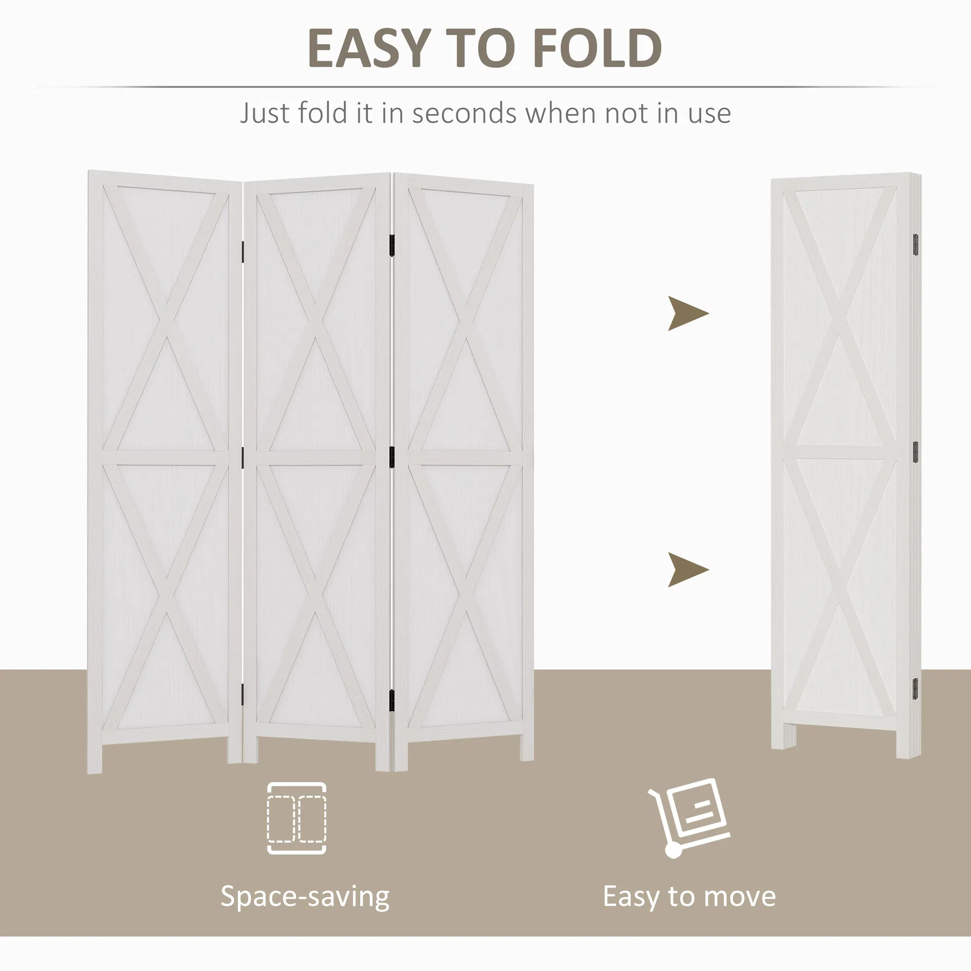 3-panel Wall Partition Farmhouse Room Separator with Foldable Design Wooden Frame 5.6FT, White photo 6