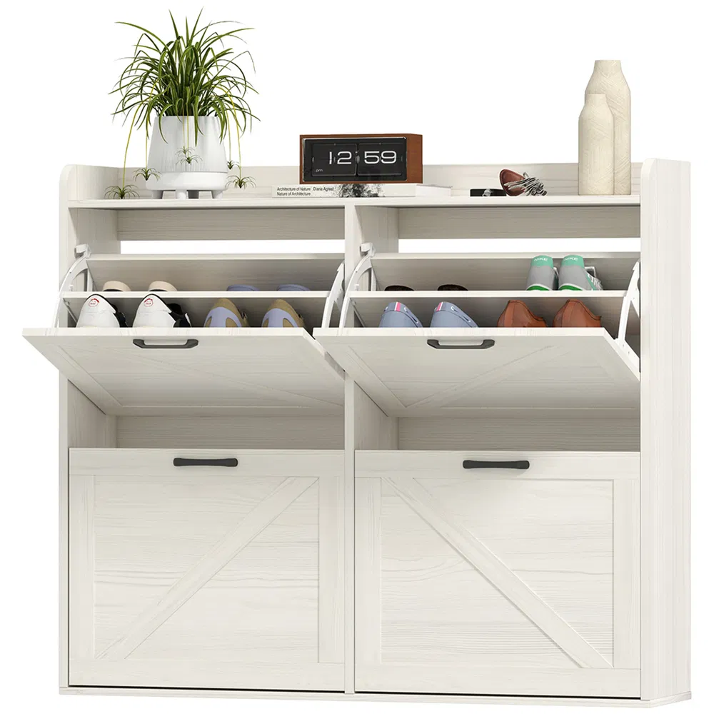 Narrow Shoe Storage Cabinet with 4 Flip Drawers, Adjustable Shelves, 16 Pair Farmhouse Shoe Cabinet, White Oak photo 2