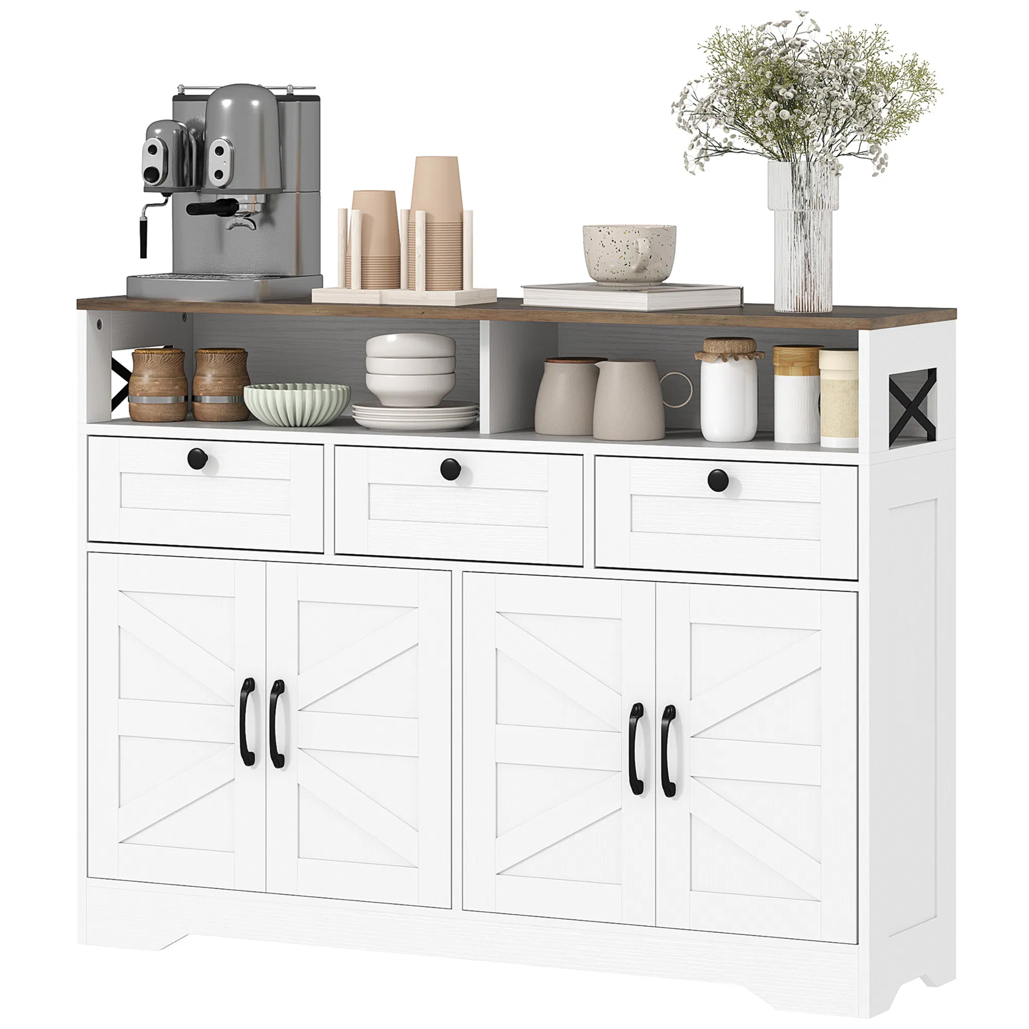 Sideboard, Buffet Cabinet with 4 Barn Doors and 3 Drawers, Coffee Bar Cabinet with Adjustable Shelves, White photo 1