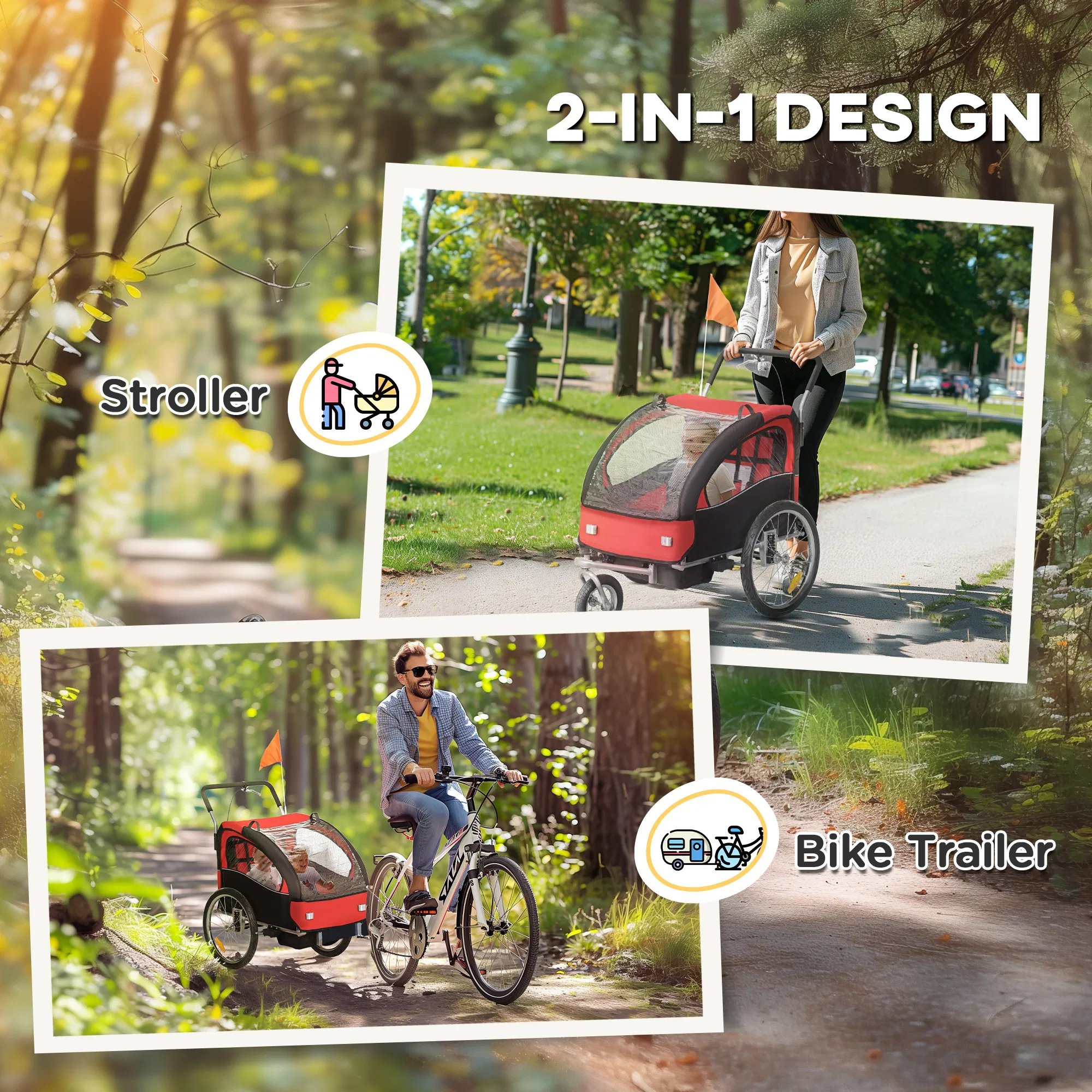 2-in-1 Bike Trailer for Kids, Foldable 2-Seat Baby Stroller with 5-Point Harness, Rubber Wheels, Storage Bag, Red photo 6