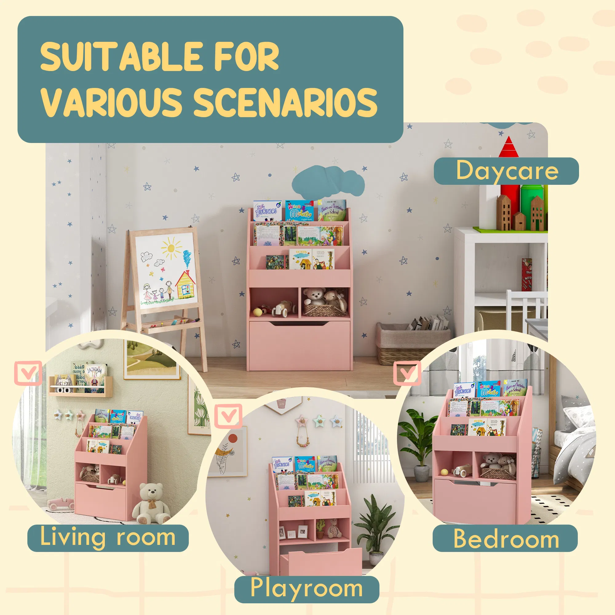 Kids Bookcase with Storage Drawer for Books, Reading Nook, for Classroom, Bedroom, Playroom, Pink photo 5