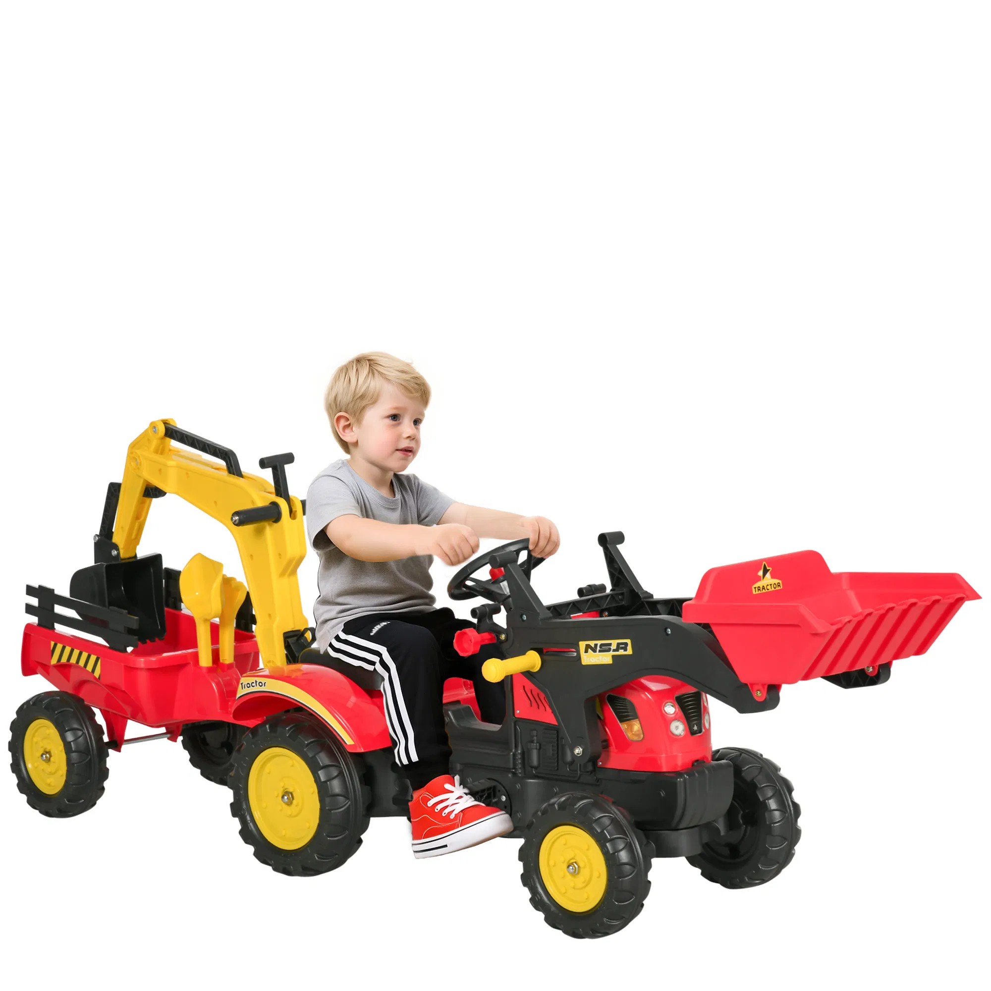 3 in 1 Kids Ride On Excavator Toy with 6 Wheels, Bulldozer with Controllable Cargo Trailer & Easy Pedal Controls photo 1