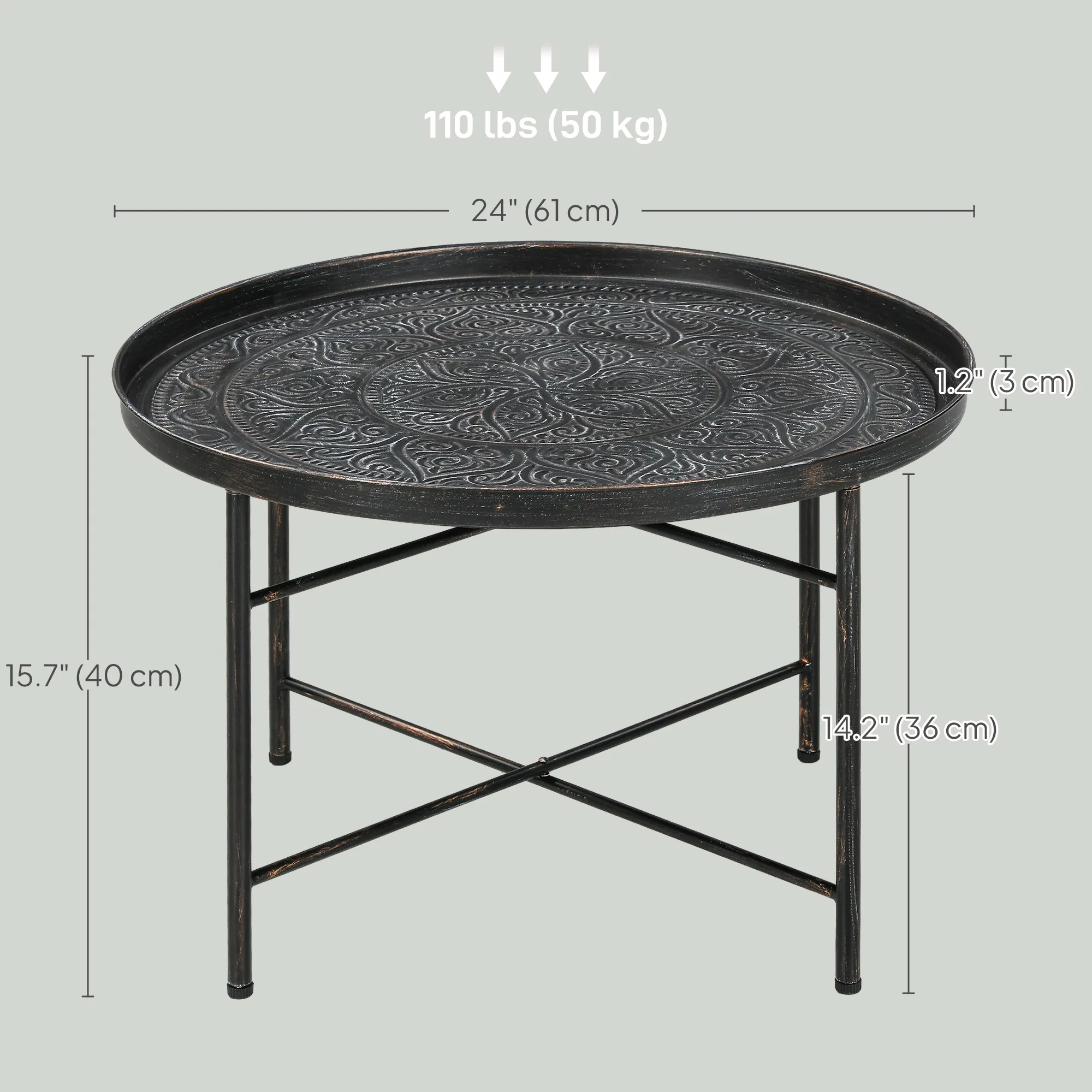 Vintage Coffee Table for Living Room, 24" Round Center Table with Hammered Tray Top and Metal Frame, Pewter photo 6