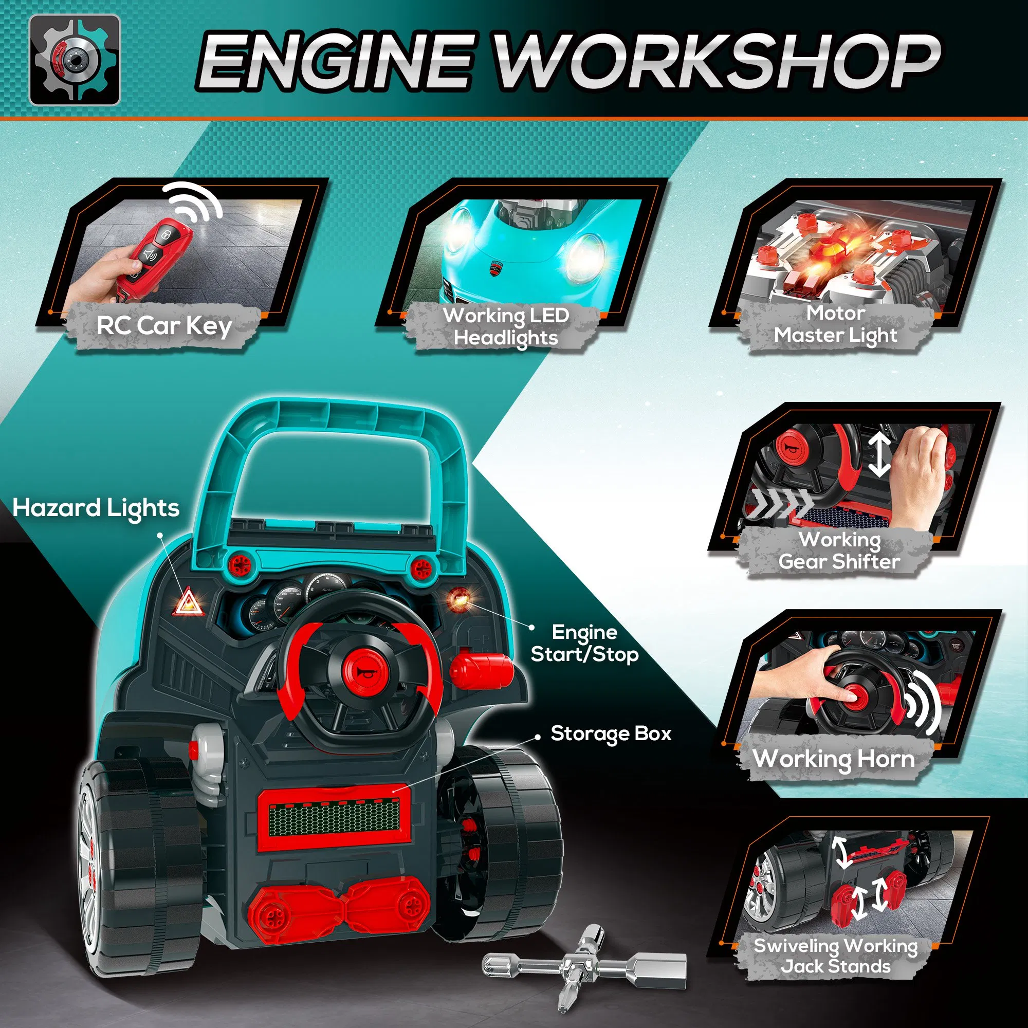Mechanic Kids Truck Engine Toy Set, Car Service Play Set, Teal photo 6