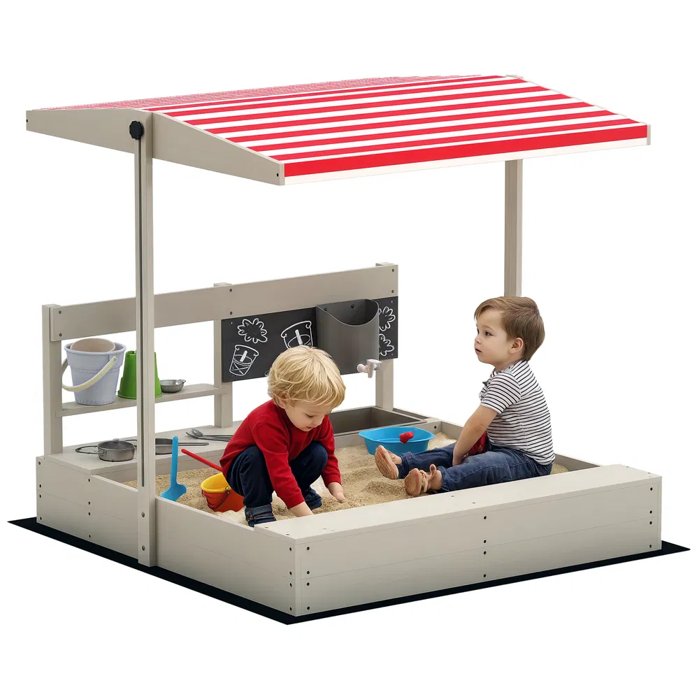 Kids Sandbox with Cover Kitchen Playset Toys, Wooden Sand Box with Seat, Storage, for 3-7 Years Old, Grey photo 7