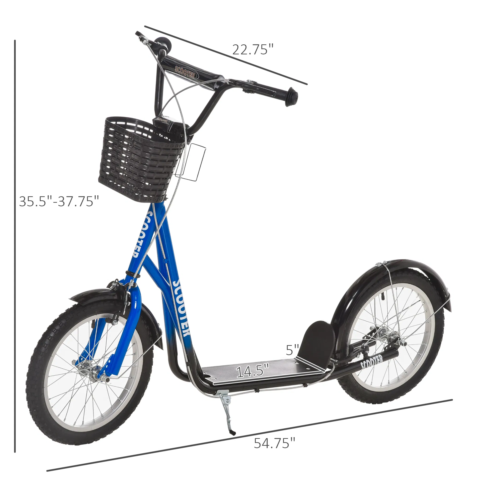 Kick Scooter with Adjustable Handlebar, Kids Scooter with 2 Brakes Basket Cupholder 16" Inflatable Rubber Tyres Blue photo 2