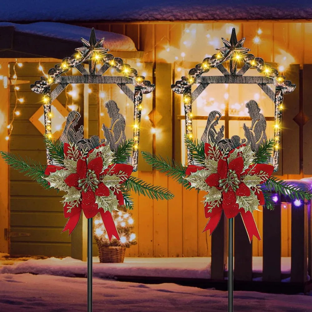 2 Pcs Nativity Scene Outdoor Yard Stakes Metal Christmas Light Decorations LED Christmas Decorations Nativity Scene Outdoor Solar Outdoor Lighted Nativity Scene for Pathway Garden Lawn (Classic) photo 2