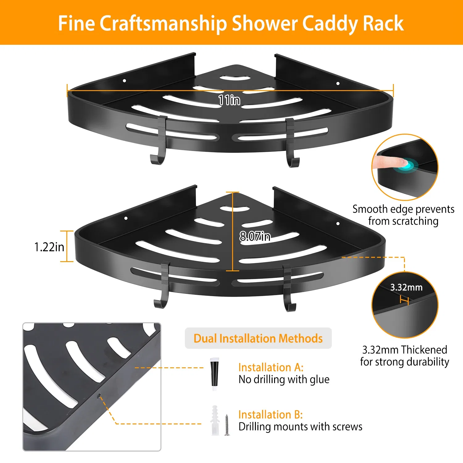 Bath Corner Shower Shelves Adhesive Caddy, Wall Mounted, No Drilling Racks Shower Organizer Basket, Aluminum Storage for Bathroom Kitchen photo 7