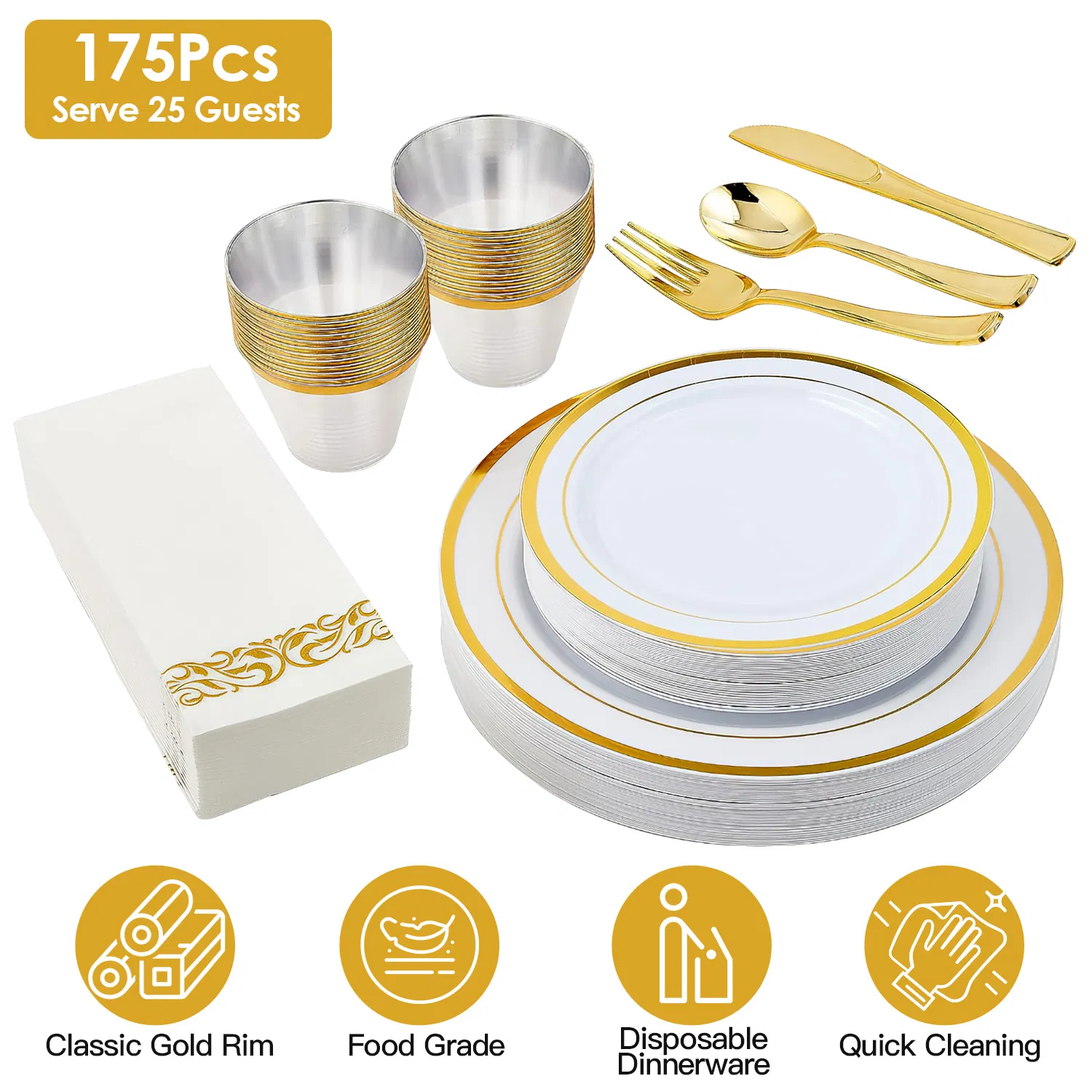 175PCS Disposable Gold Rim Dinnerware Set for 25 Guests - Premium Plastic Plates Cups Cutlery Napkins, Perfect for Wedding Birthday Halloween Christmas Catering Events photo 1