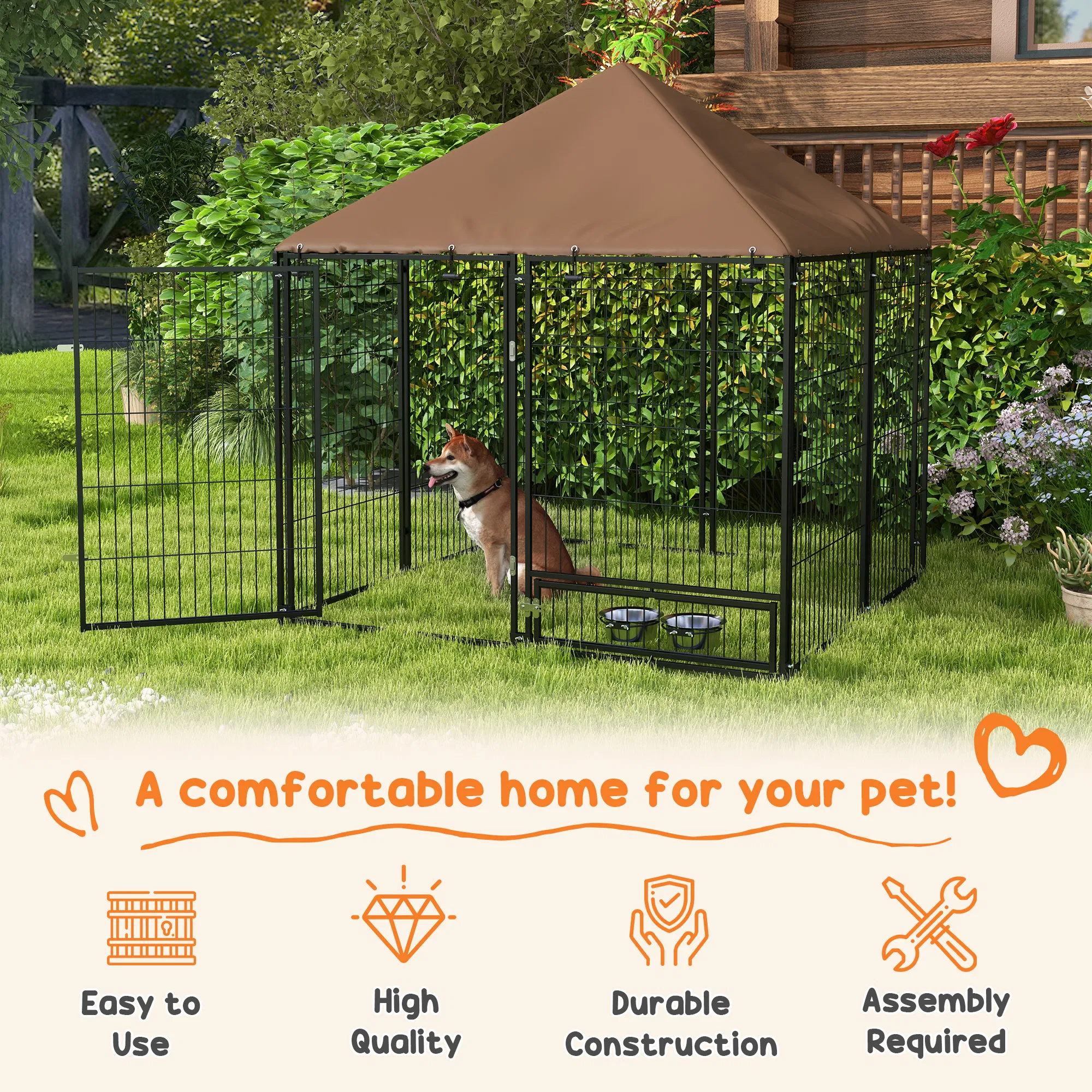 4.6' x 4.6' x 5' Outdoor Dog Kennel with Canopy, Rotating Bowls, Coffee photo 6