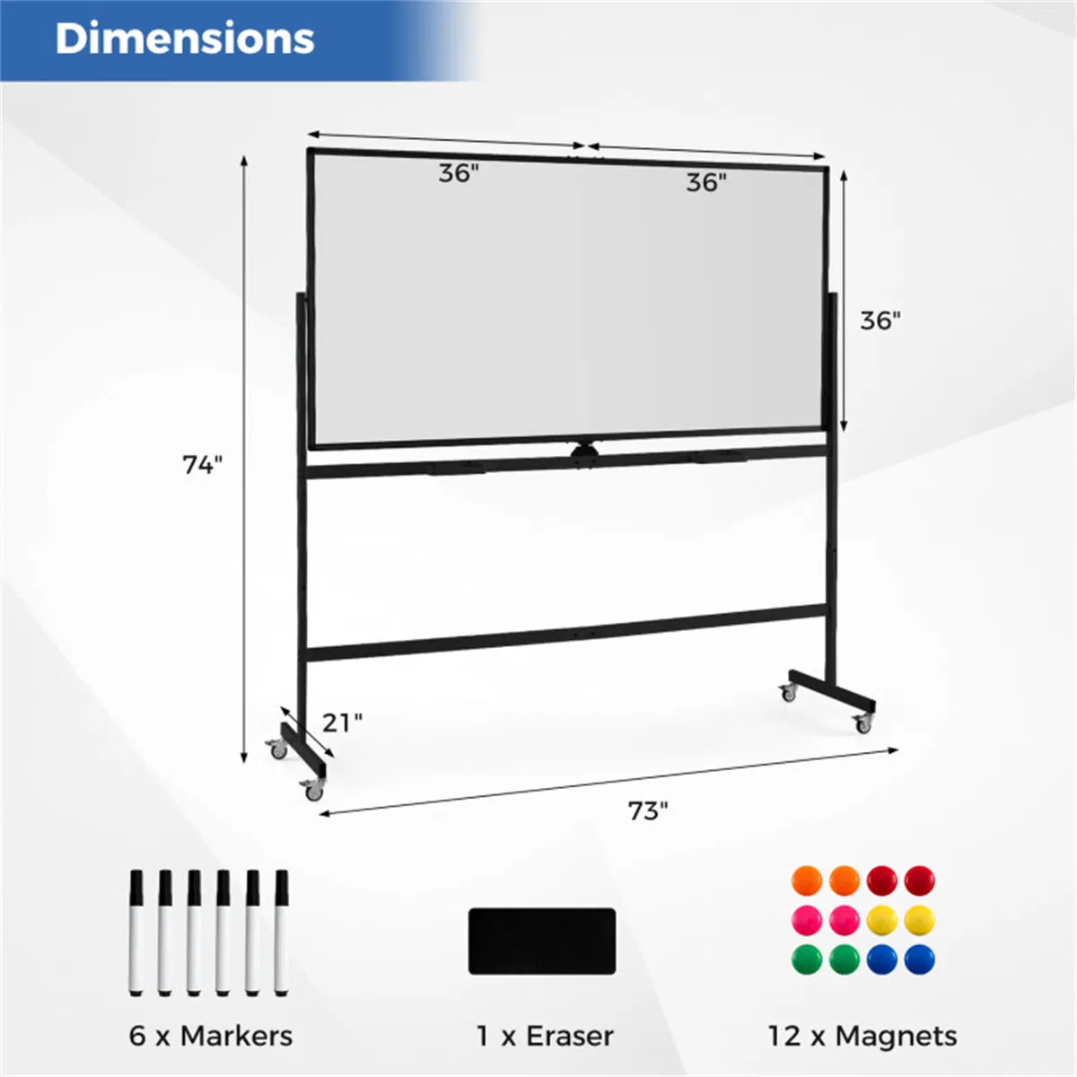 360° Rotating Double-Sided Magnetic Whiteboard, 182.88×91.44cm Writing Surface Mobile Dry Erase Board with Casters, Black photo 2