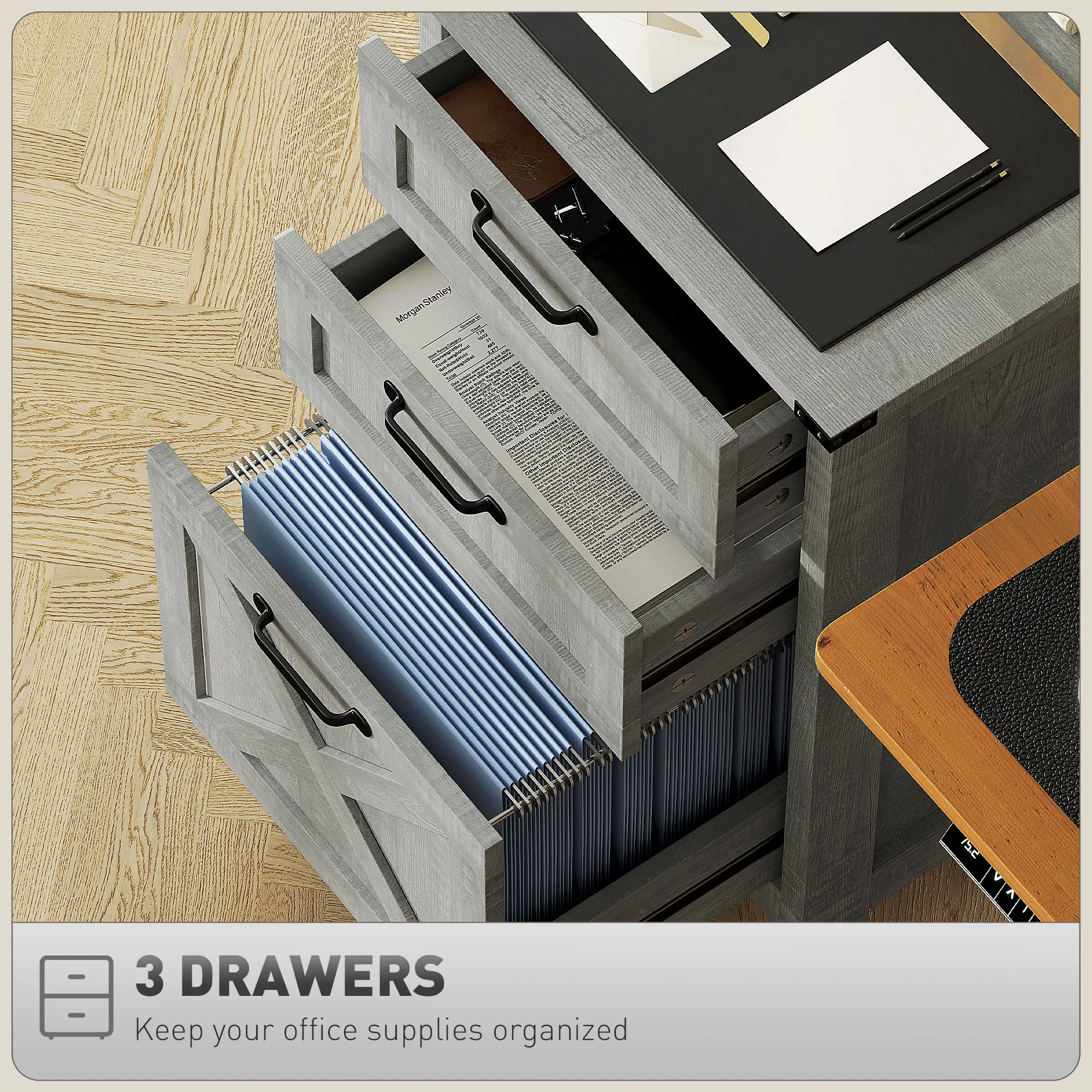 Vertical Filing Cabinet with 3 Drawers, Rustic Farmhouse Office Storage Cabinet for A4, Letter Size, Stone Grey photo 2