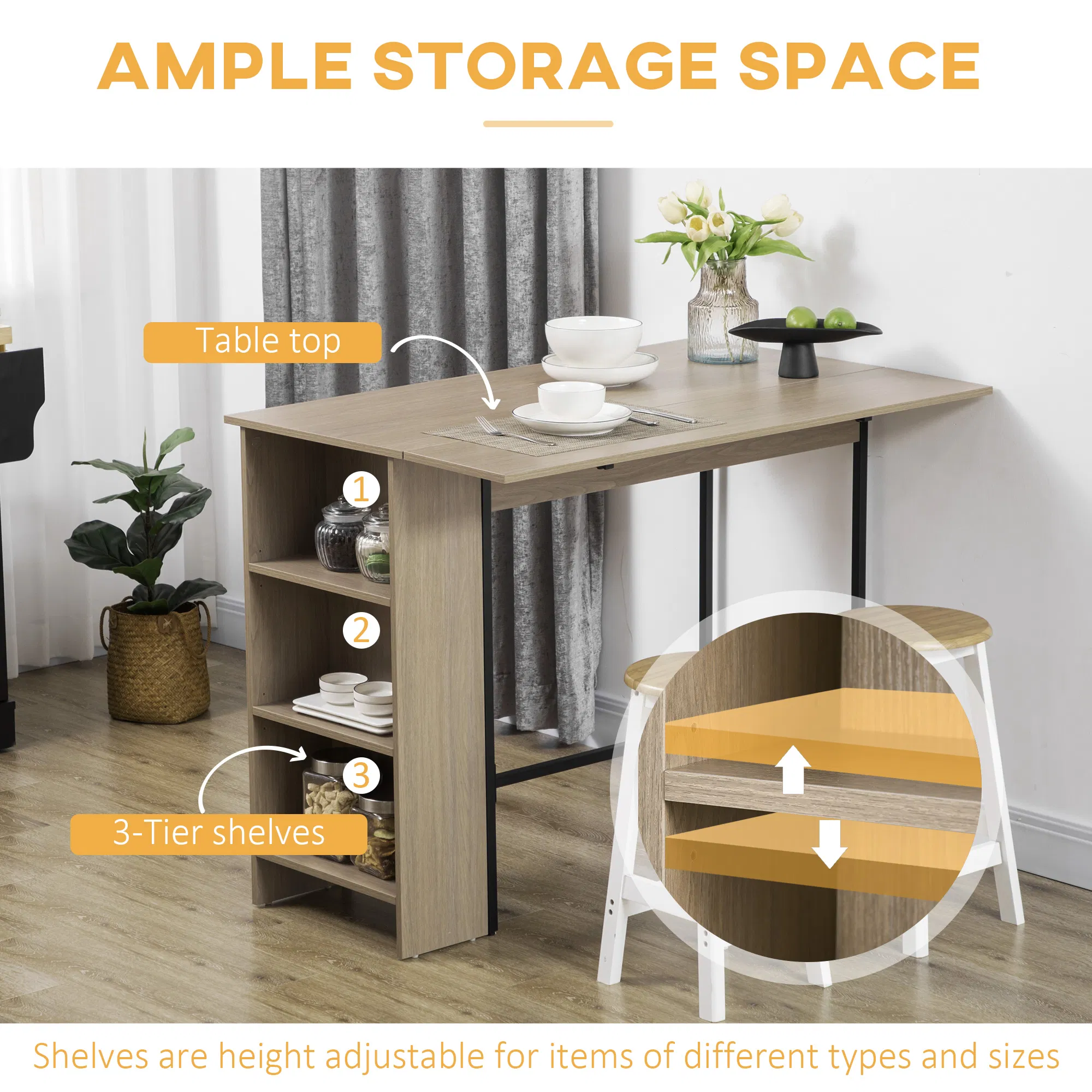 Counter Height Table with Drop Leaf, Extendable Bar Table with Adjustable Storage Shelf, Light Grey photo 2