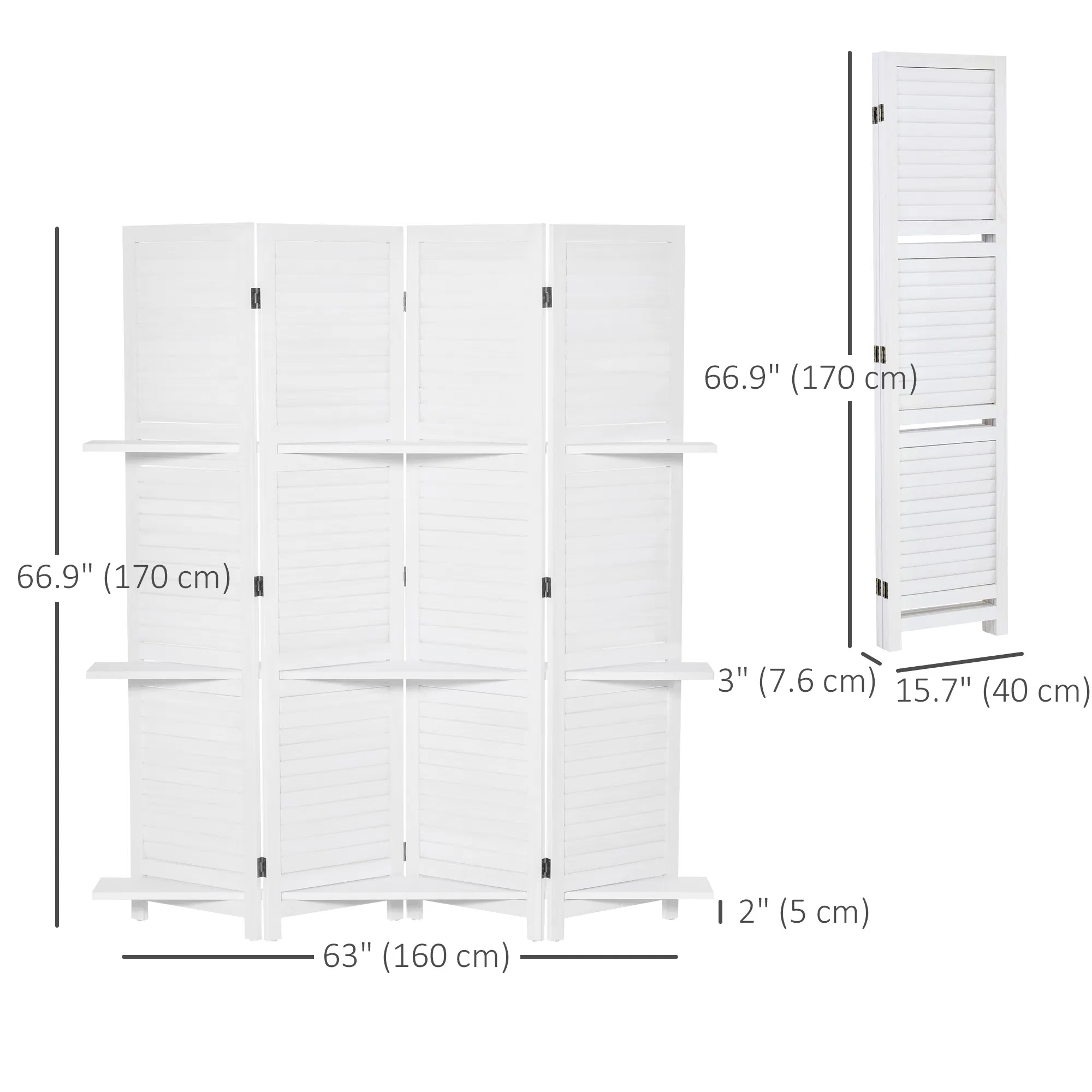 4-Panel Wall Partition Room Separator with 3 Storage Shelves Foldable Design Wooden Frame 5.6FT White photo 4