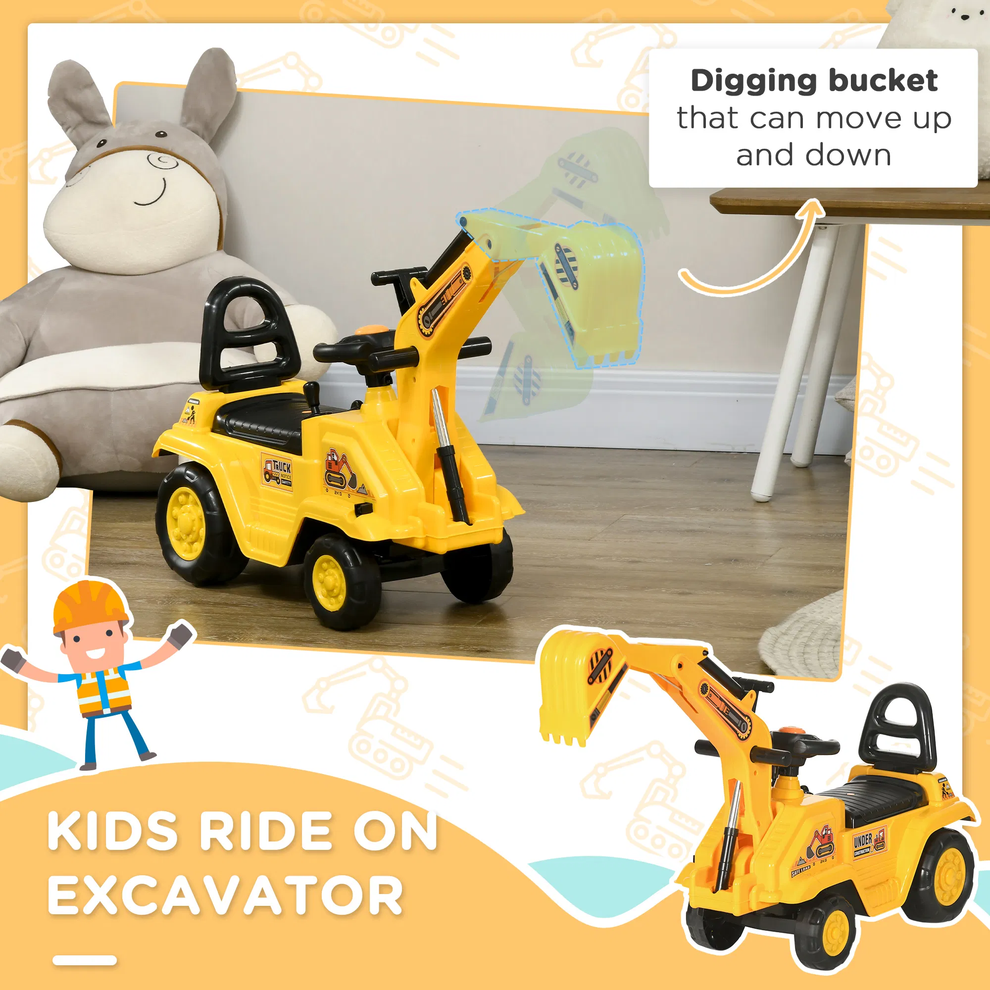 NO POWER 3 in 1 Ride On Toy Excavator Digger Scooter Pulling Cart Pretend Play Construction Truck photo 6