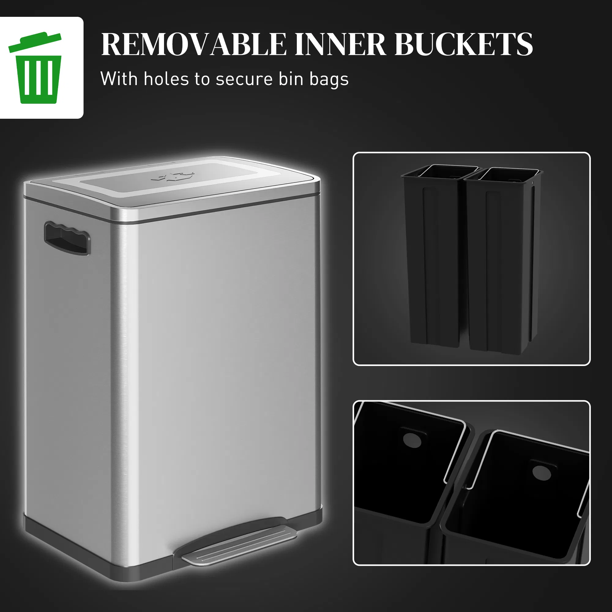 2 x 20 Liter Garbage Bin, Stainless Steel Garbage Can with Soft-Close Lid and Removable Inner Buckets, Silver photo 3