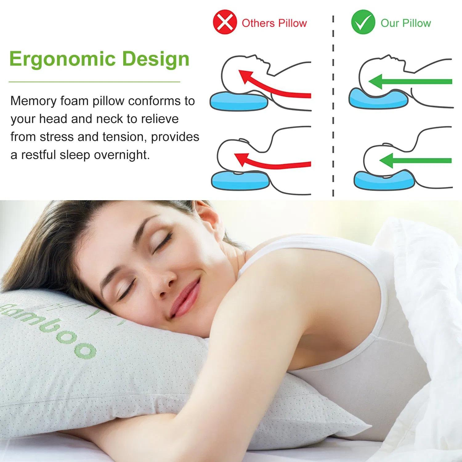 Bamboo Memory Foam Pillow Hypoallergenic Bed Pillow For Head Neck Rest Sleeping Shredded Pillow With Washable Cover [Queen Size] photo 3