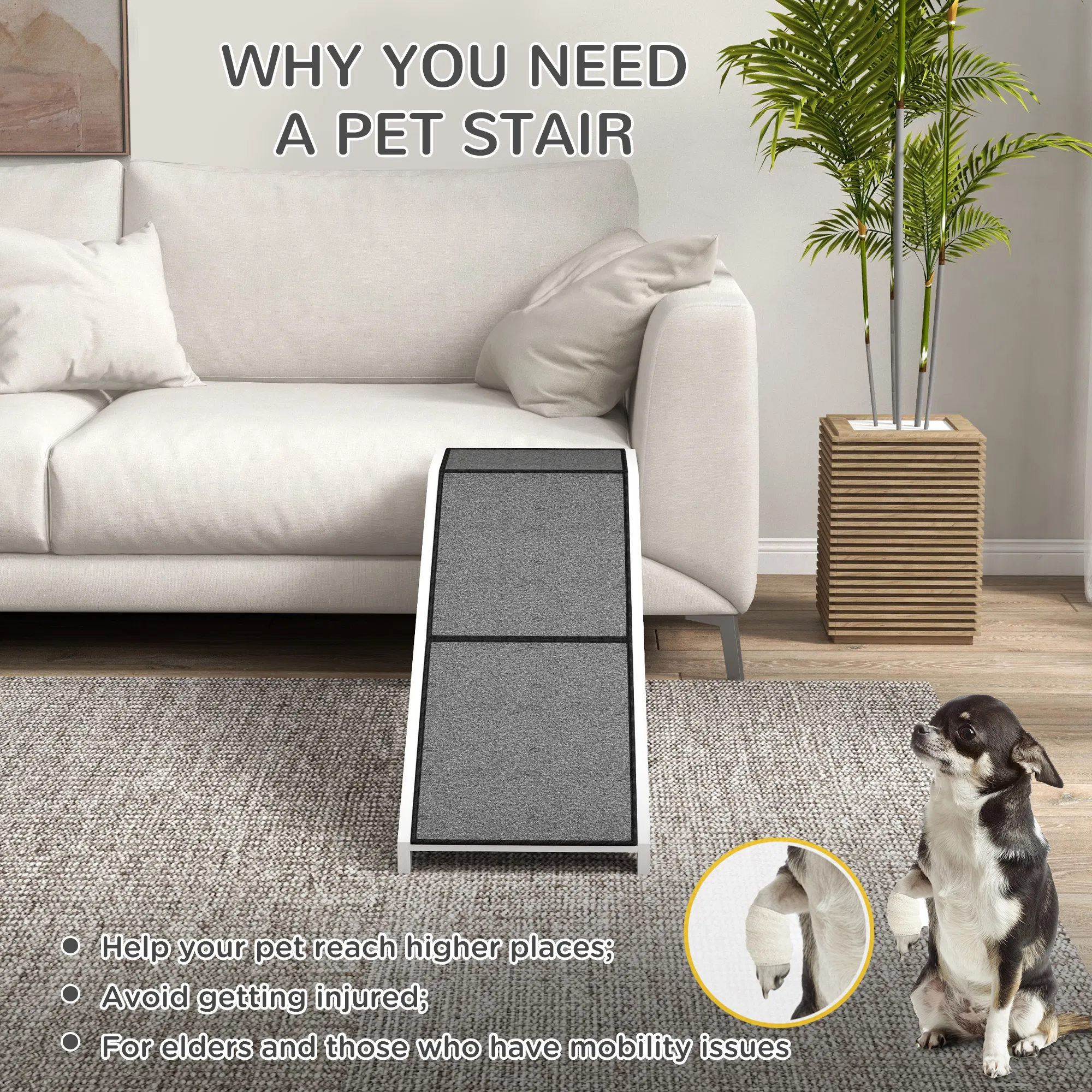 Pet Ramp Bed Steps for Dogs Cats Non-slip Carpet Top Platform Pine Wood 59"L x 16"W x 20"H White photo 6