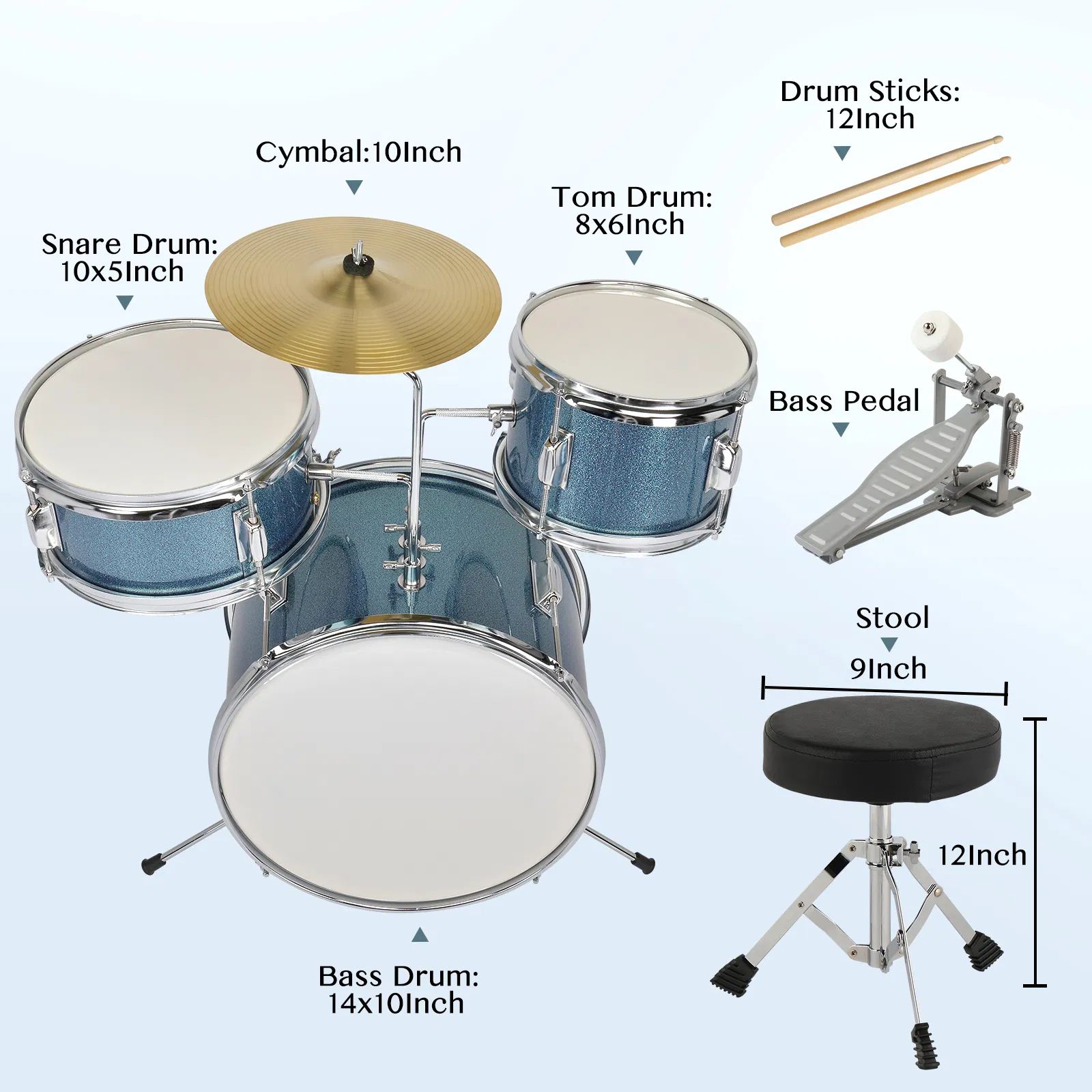 [Do Not Sell on Amazon]14"x10" 3-Pieces Junior Kids Drum Set Kit Pedal Drum Stick Wrench Drum Stool Sky Blue photo 5