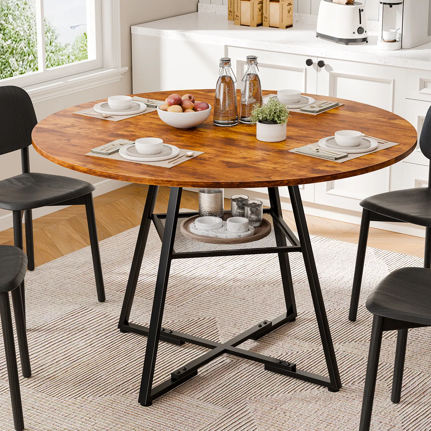 Round table, suitable for 4 to 6 people, a space-saving kitchen table with double-layer storage function, metal base frame photo 1