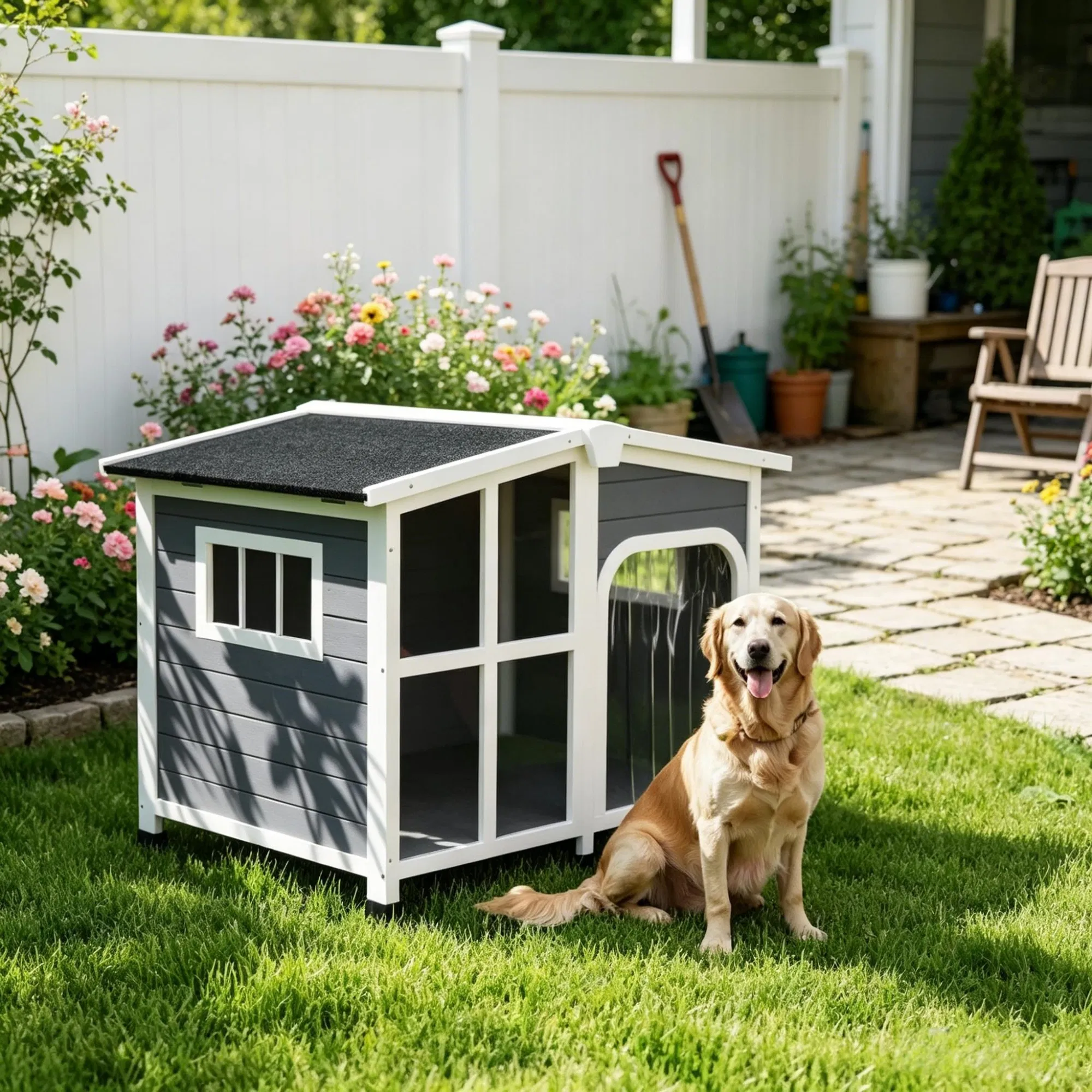 Large Dog House Cabin-Style Wooden Pet Shelter with Openable Roof And Giant Window Gray photo 1