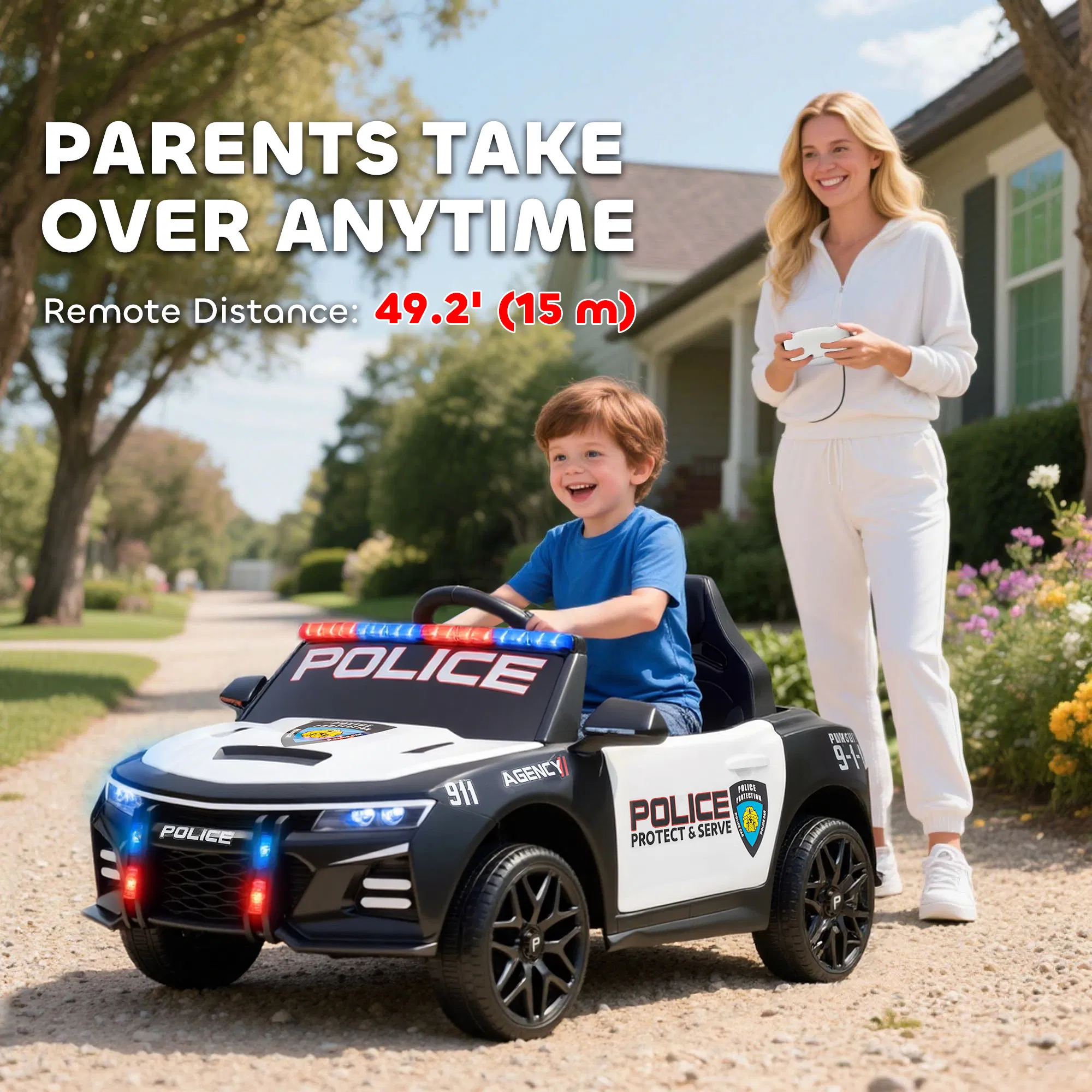 Kids Electric Ride on Police Car with Remote Control, Sirens, Flashing Lights, Music, Horn, Shock Absorbers, White photo 2