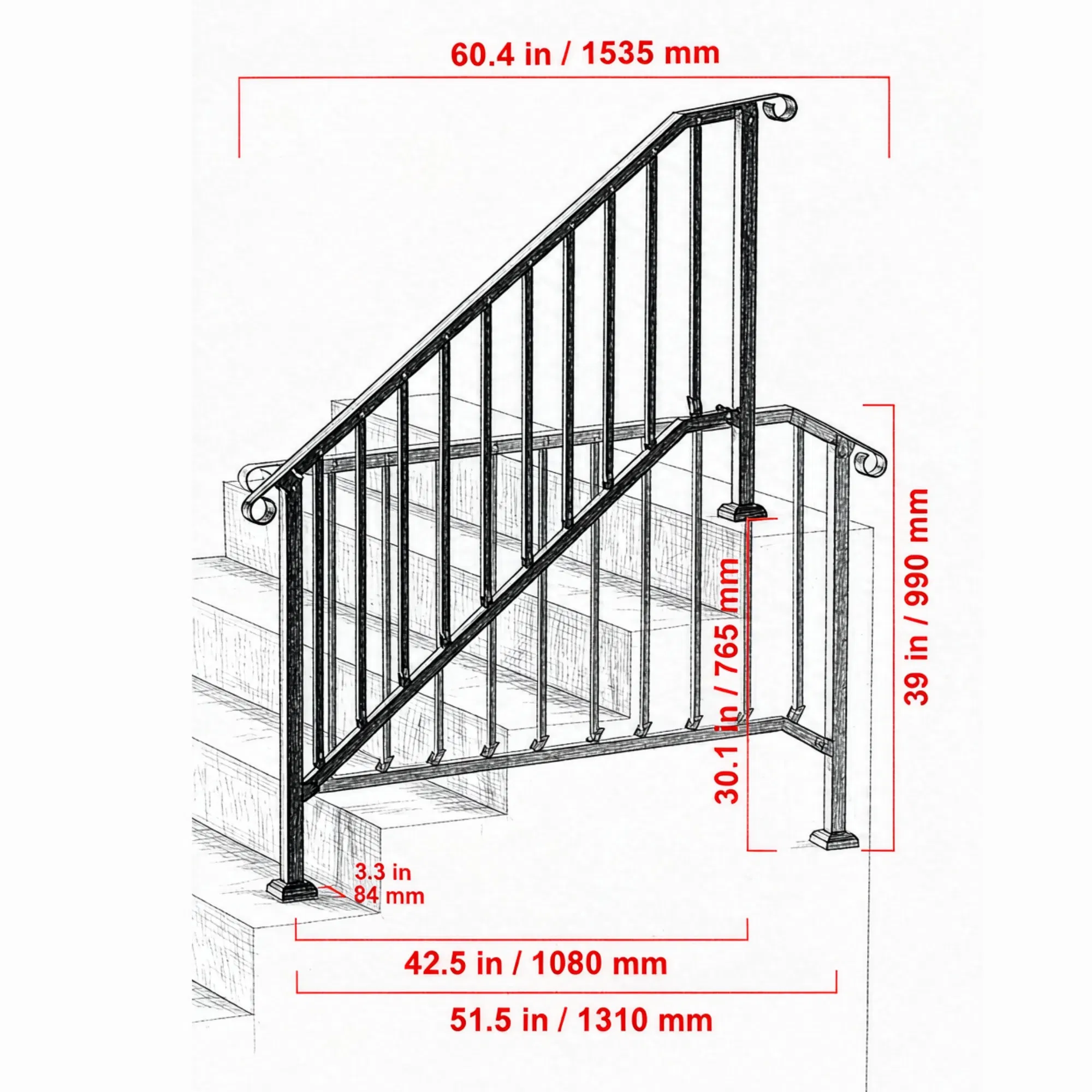 5-Step Stair Handrail Kit, Transitional Black Retro Arch Design with Installation Hardware, for Outdoor Steps, Porch & Deck photo 5